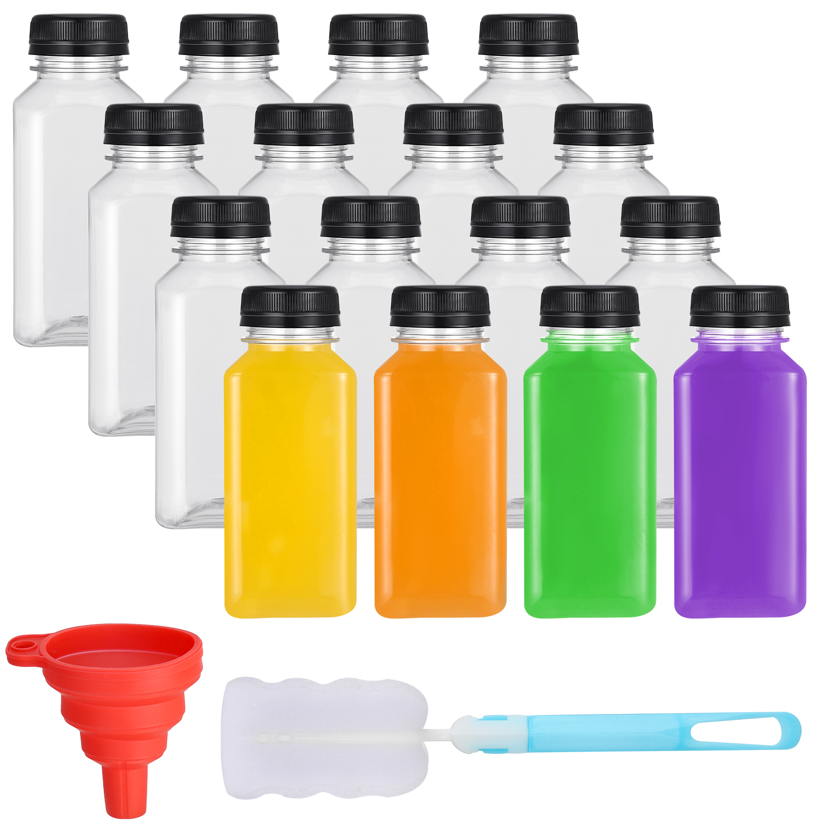 Armscye 16Pcs 8oz Plastic Empty Juice Bottles with Lids, Reusable Juice Bottles with Funnel and Brush, Clear Containers with Black Tamper Evident Caps for Juice, Milk and Other Beverages