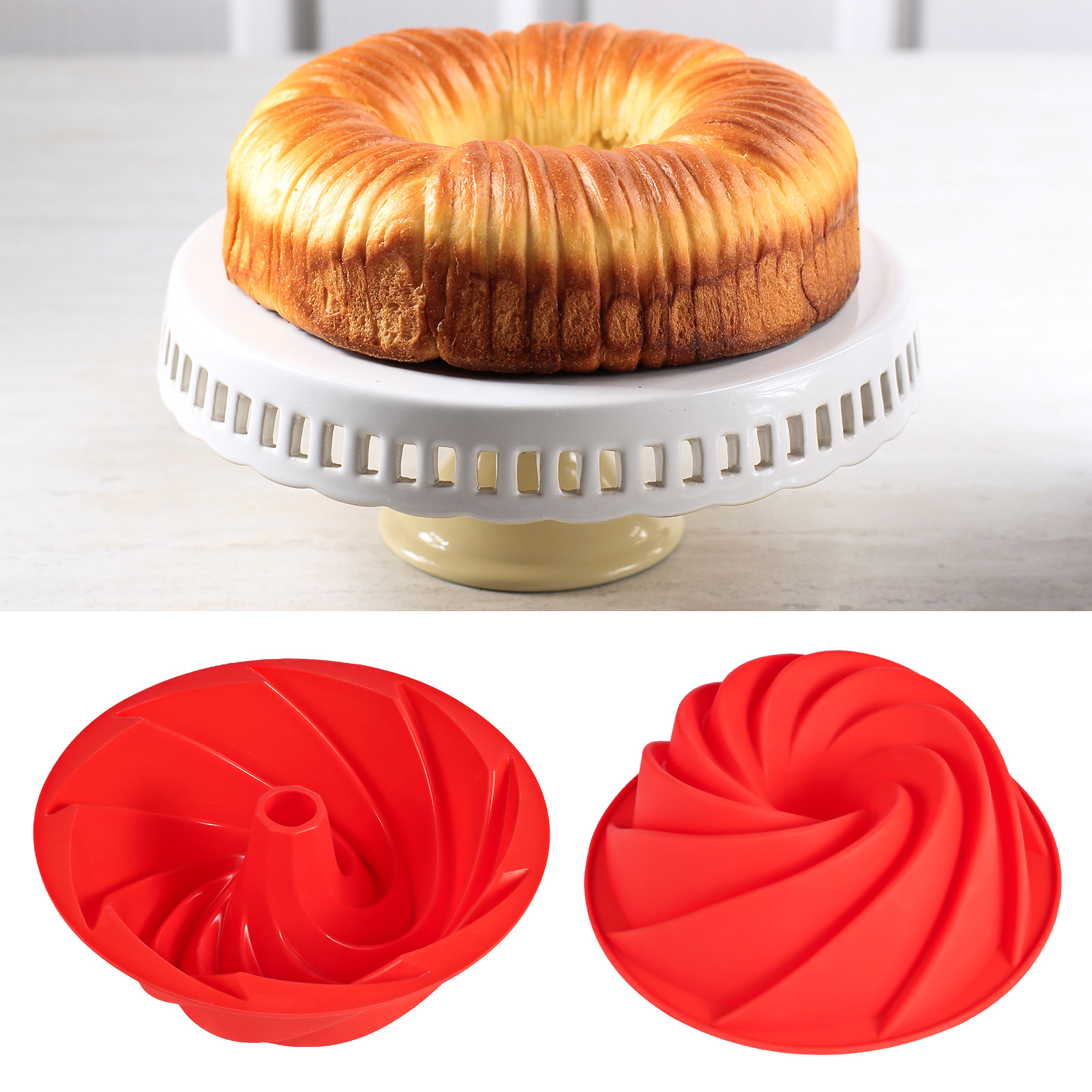 Armscye 2 Pack 9.5 Inch Silicone Bundt Cake Pans,Nonstick Silicone Fluted Tube Pan, Silicone Cake Molds for Baking for Cake, Brownie, Jello and Bavarois