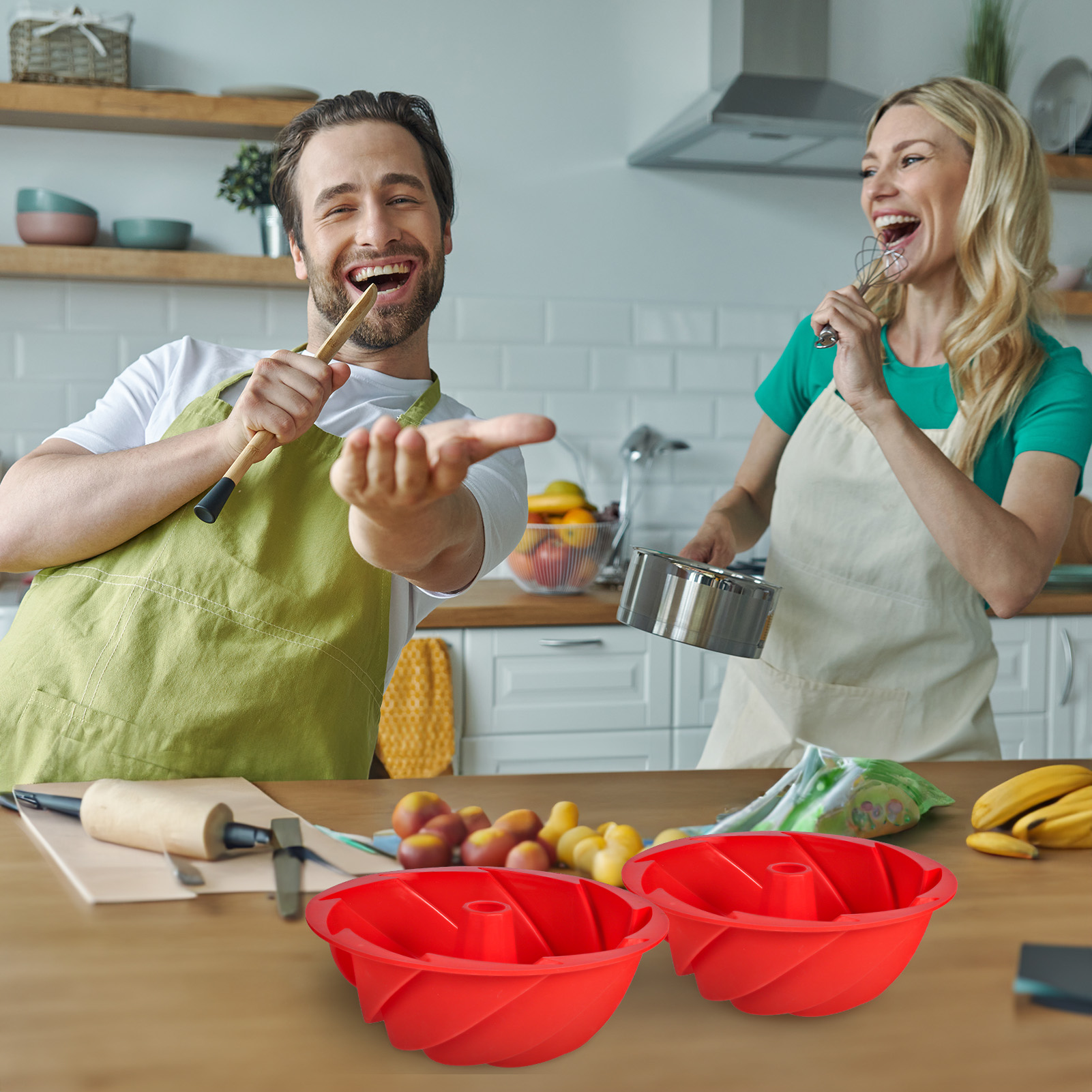 Armscye 2 Pack 9.5 Inch Silicone Bundt Cake Pans,Nonstick Silicone Fluted Tube Pan, Silicone Cake Molds for Baking for Cake, Brownie, Jello and Bavarois