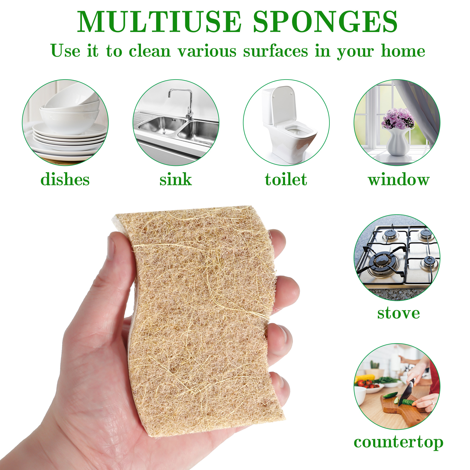 sixwipe 12 Pack Natural Kitchen Sponge, Biodegradable Compostable Cellulose and Coconut Scrubber Sponge, Eco-Friendly Scrub Sponges for Dishes, Bathtubs(Brown-White)