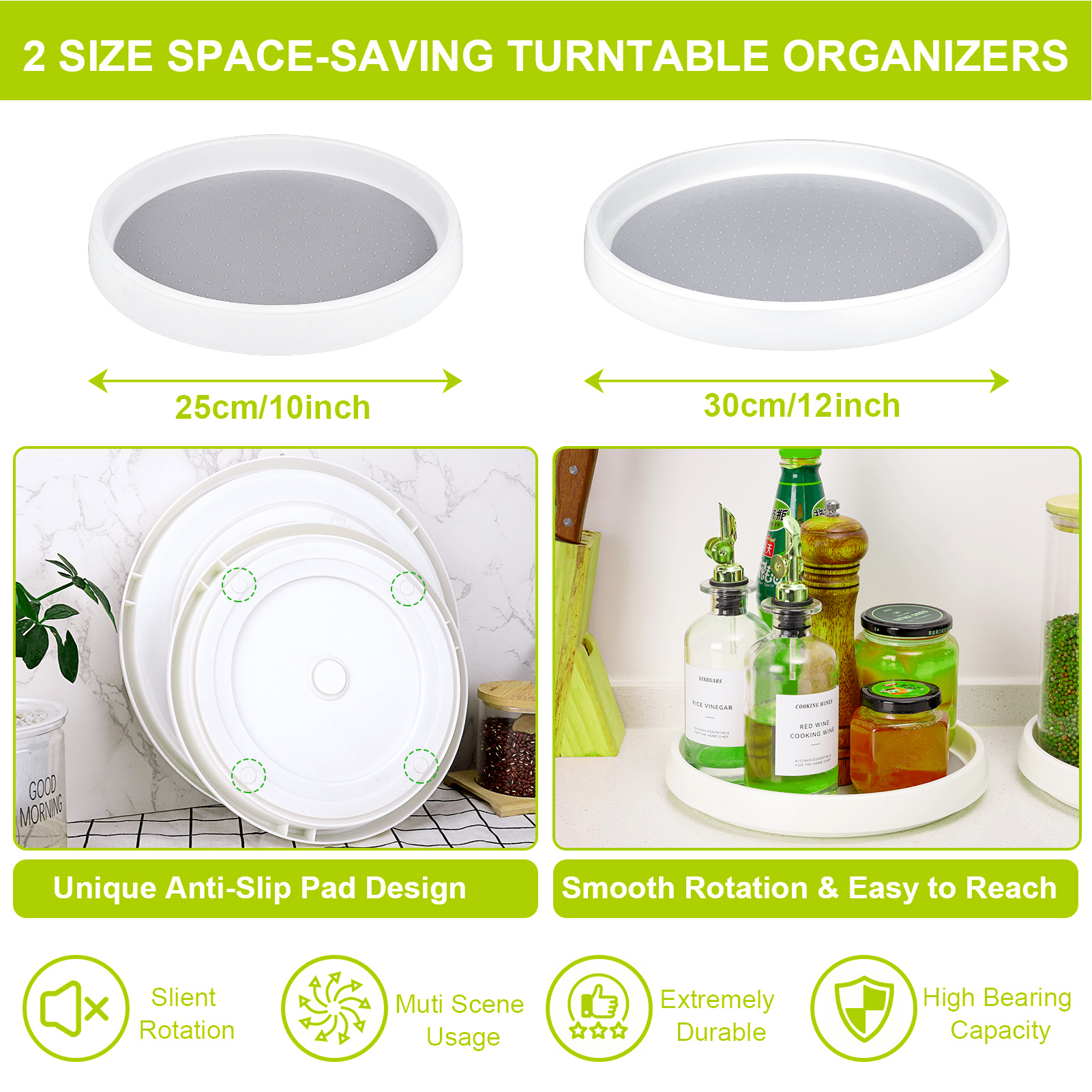 Armscye 4 Pack Lazy Susan Turntable for Kitchen Cabinets, 10 and 12 inch Non Skid Plastic Lazy Susan Turntable, Rotating Spinning Organizer for Kitchen, Refrigerator, Pantry, Spice Rack, Bathroom