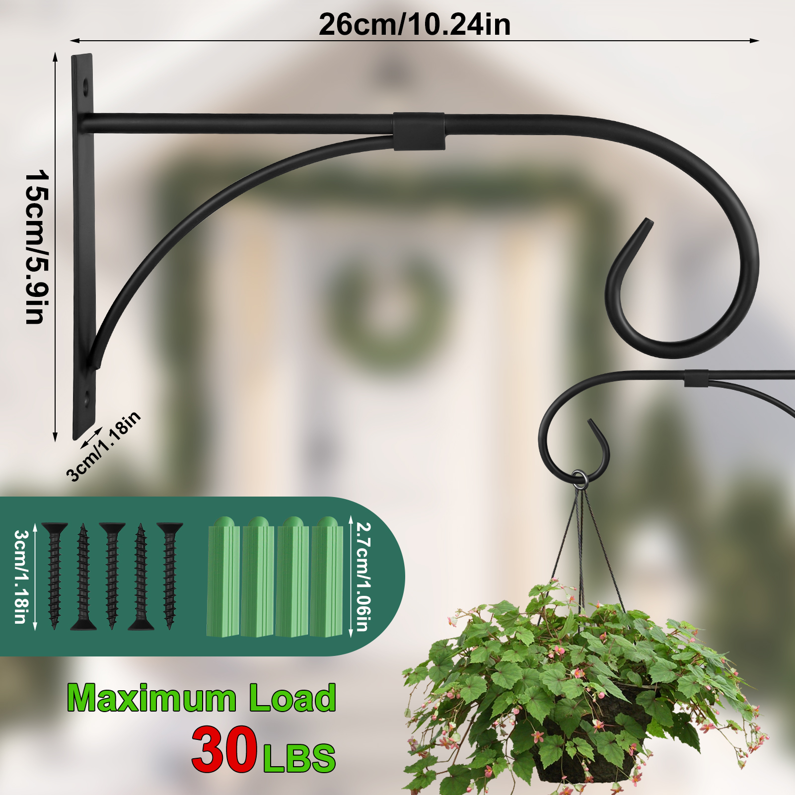 topjuju 2 Pack Plant Hanging Brackets, 11 Inch Iron Hanging Basket Bracket, Weather-Resistant Outdoor Plant Hooks for Hanging Plant Lantern Windchime Birdhouse, Screw Included