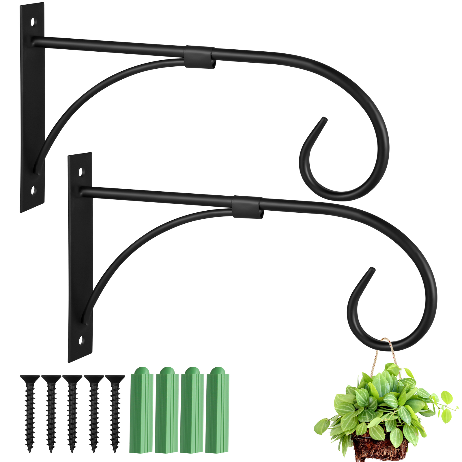 topjuju 2 Pack Plant Hanging Brackets, 11 Inch Iron Hanging Basket Bracket, Weather-Resistant Outdoor Plant Hooks for Hanging Plant Lantern Windchime Birdhouse, Screw Included