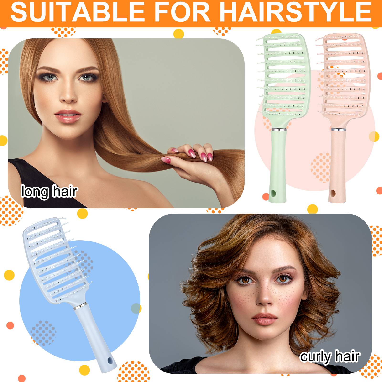 Abaima 3 Pcs Detangling Brush with 100 Hair Ties, Curved Vented Styling Hair Brush with Seamless Spring Ties, Women Fast Blow Drying Brush for Wet Dry Curly Straight Thick Hair