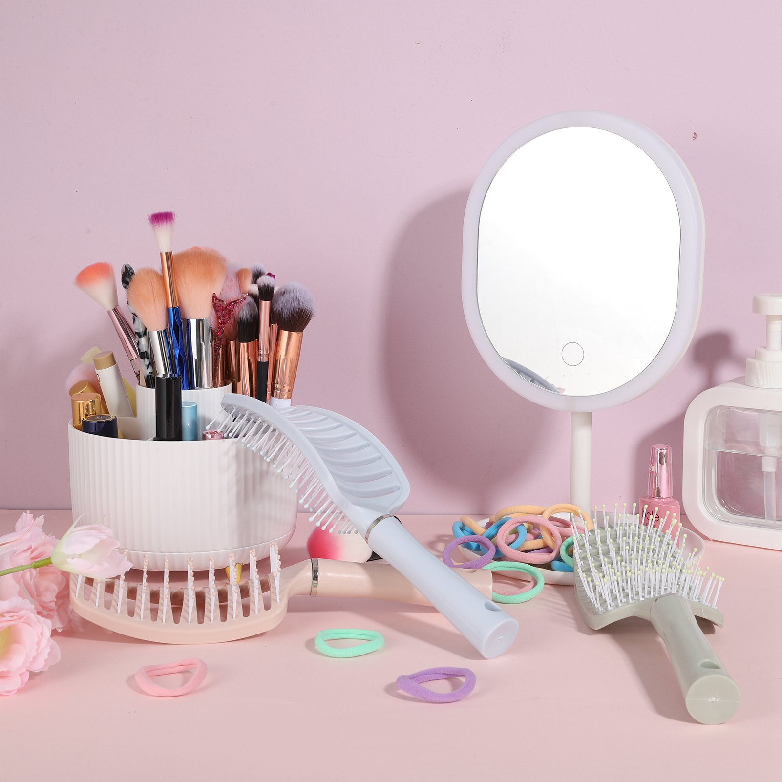 Abaima 3 Pcs Detangling Brush with 100 Hair Ties, Curved Vented Styling Hair Brush with Seamless Spring Ties, Women Fast Blow Drying Brush for Wet Dry Curly Straight Thick Hair