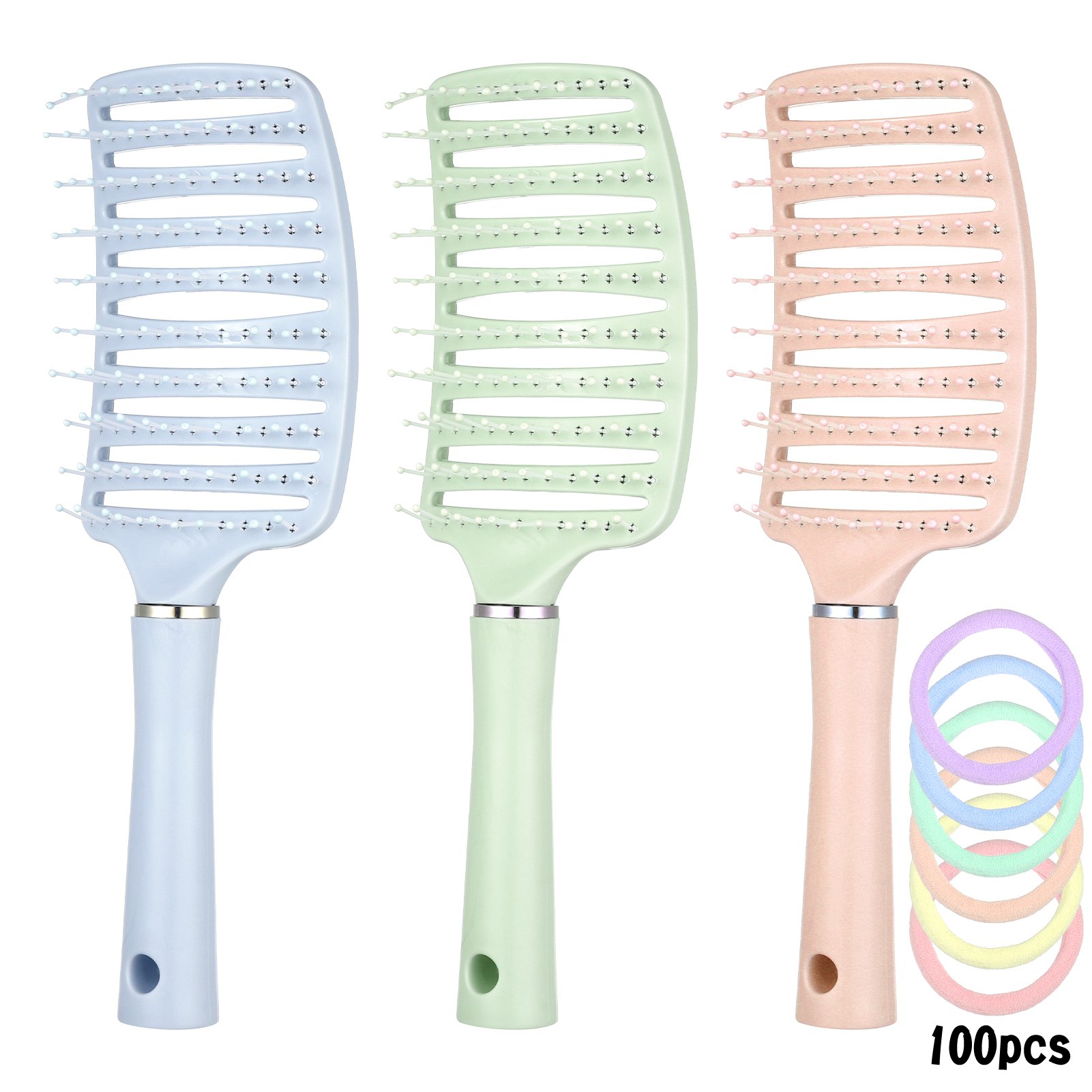 Abaima 3 Pcs Detangling Brush with 100 Hair Ties, Curved Vented Styling Hair Brush with Seamless Spring Ties, Women Fast Blow Drying Brush for Wet Dry Curly Straight Thick Hair