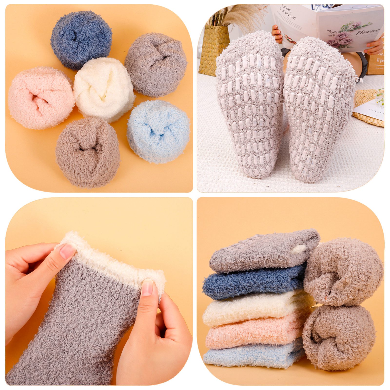 Bocaoying 6 Pairs Non Slip Socks for Womens with Grips, Anti Skid Fuzzy Hospital Slipper Socks Warm Winter Cozy Fluffy Soft Fleece Socks