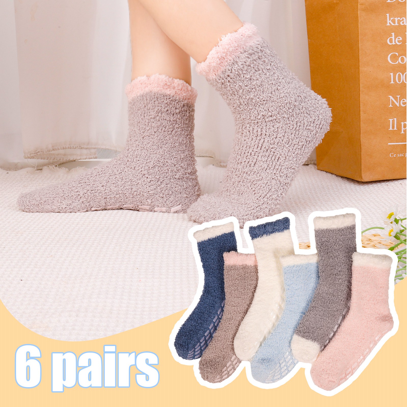 Bocaoying 6 Pairs Non Slip Socks for Womens with Grips, Anti Skid Fuzzy Hospital Slipper Socks Warm Winter Cozy Fluffy Soft Fleece Socks