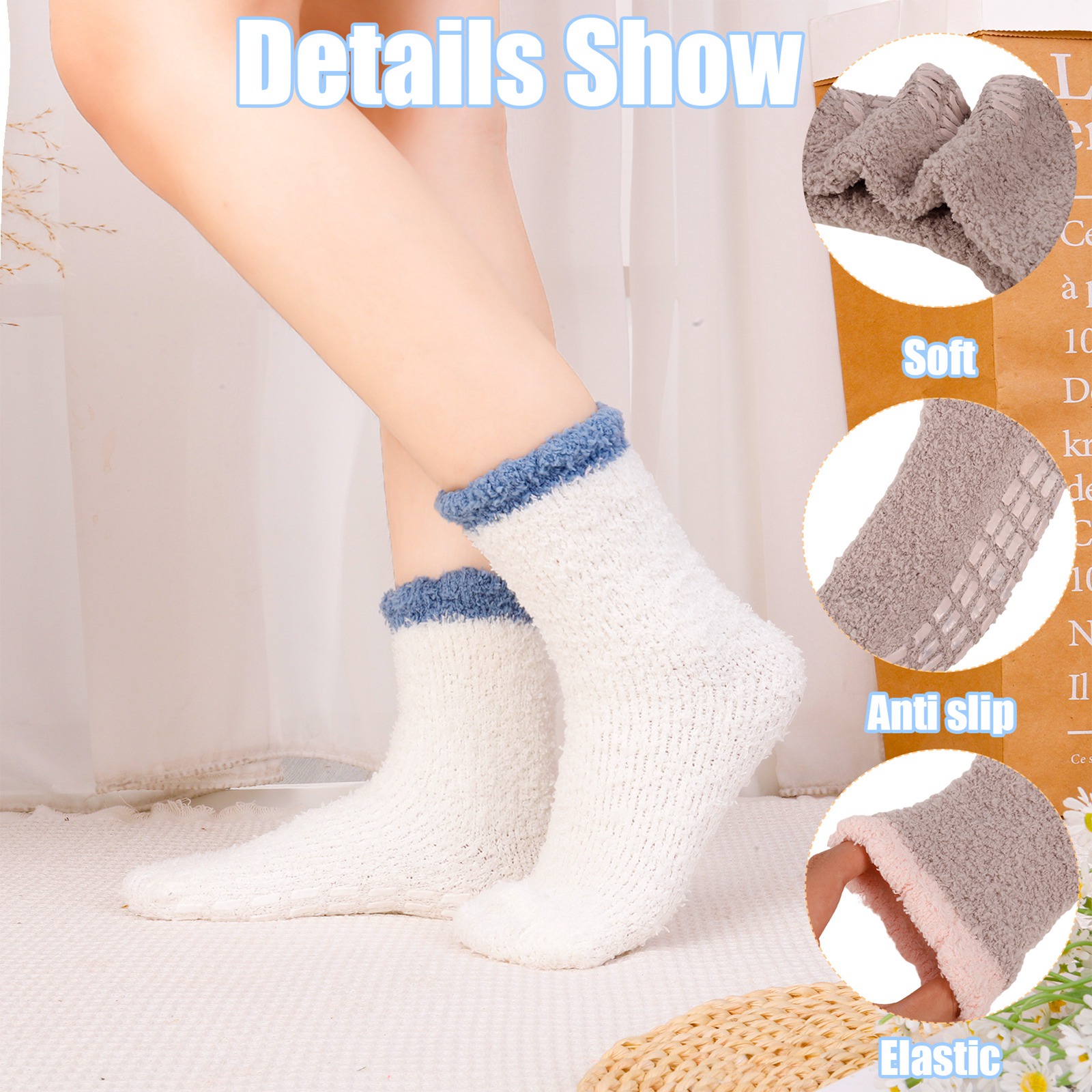 Bocaoying 6 Pairs Non Slip Socks for Womens with Grips, Anti Skid Fuzzy Hospital Slipper Socks Warm Winter Cozy Fluffy Soft Fleece Socks