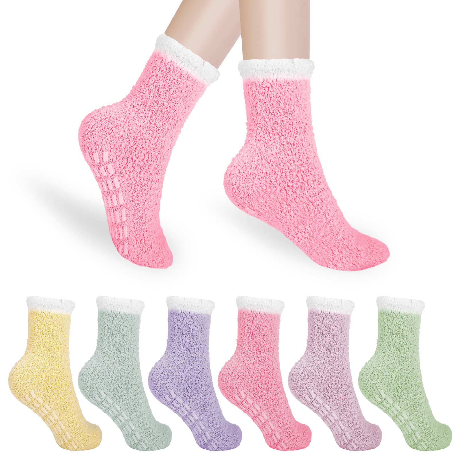 Bocaoying 6 Pairs Non Slip Socks for Womens with Grips, Anti Skid Fuzzy Hospital Slipper Socks Warm Winter Cozy Fluffy Soft Fleece Socks