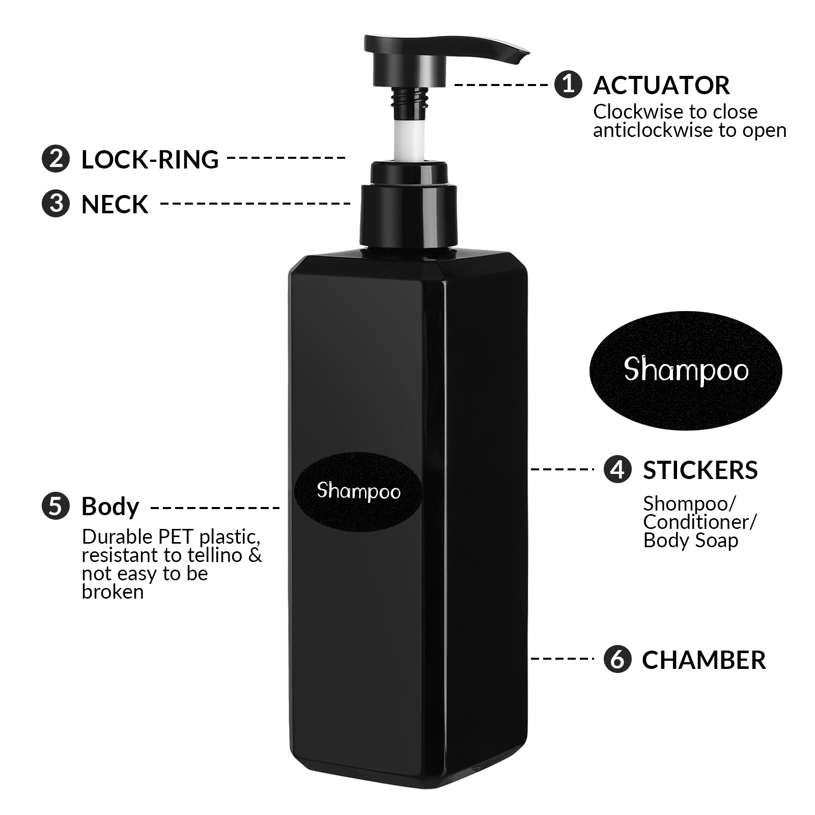 Abaima 3 Pack 16oz Empty Pump Bottle Square, Shampoo And Conditioner Dispenser Bottle, 500ml Refillable Clear Shower Soap Dispenser Bottle With Silicone Funnels And Labels(Black-500ml)