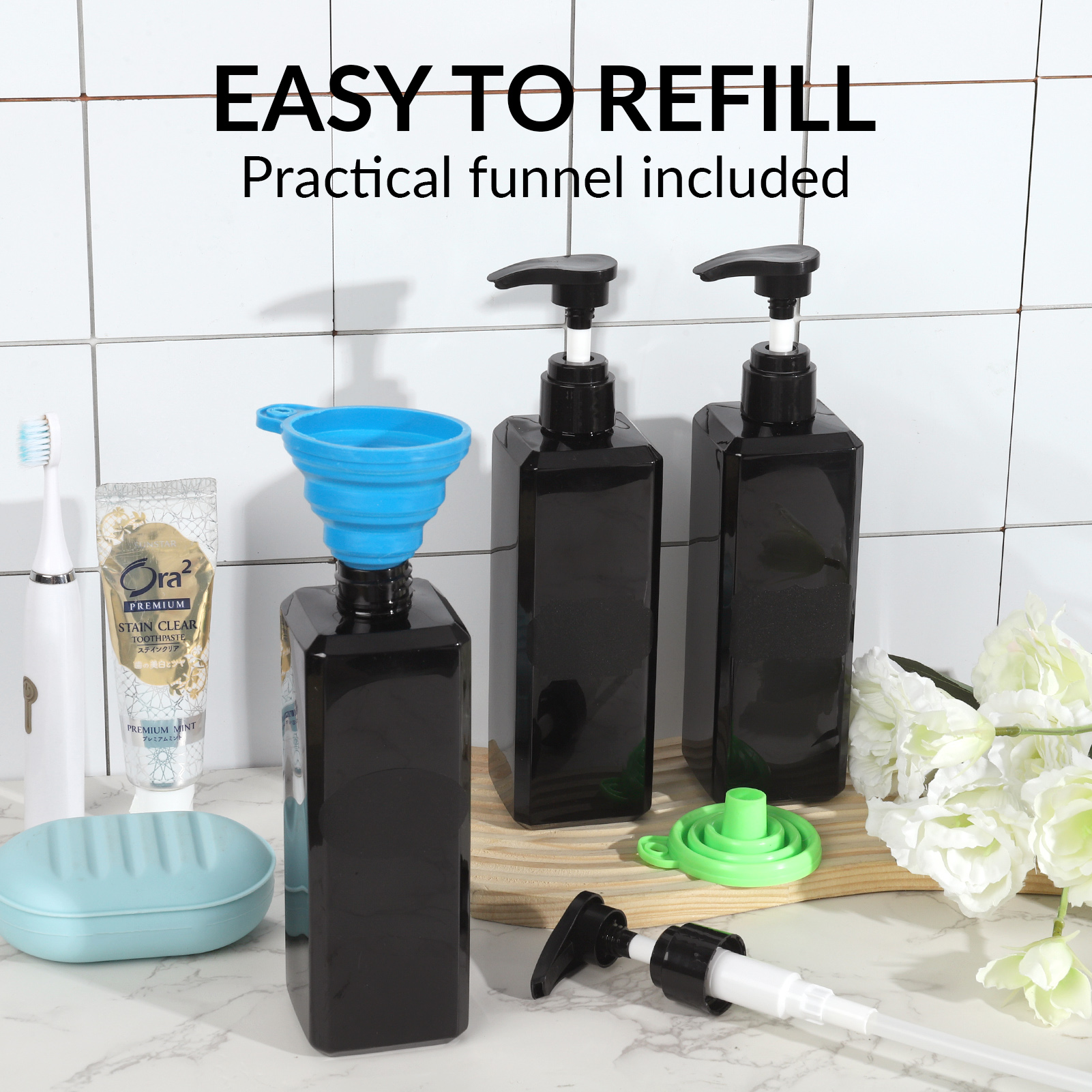 Abaima 3 Pack 16oz Empty Pump Bottle Square, Shampoo And Conditioner Dispenser Bottle, 500ml Refillable Clear Shower Soap Dispenser Bottle With Silicone Funnels And Labels(Black-500ml)