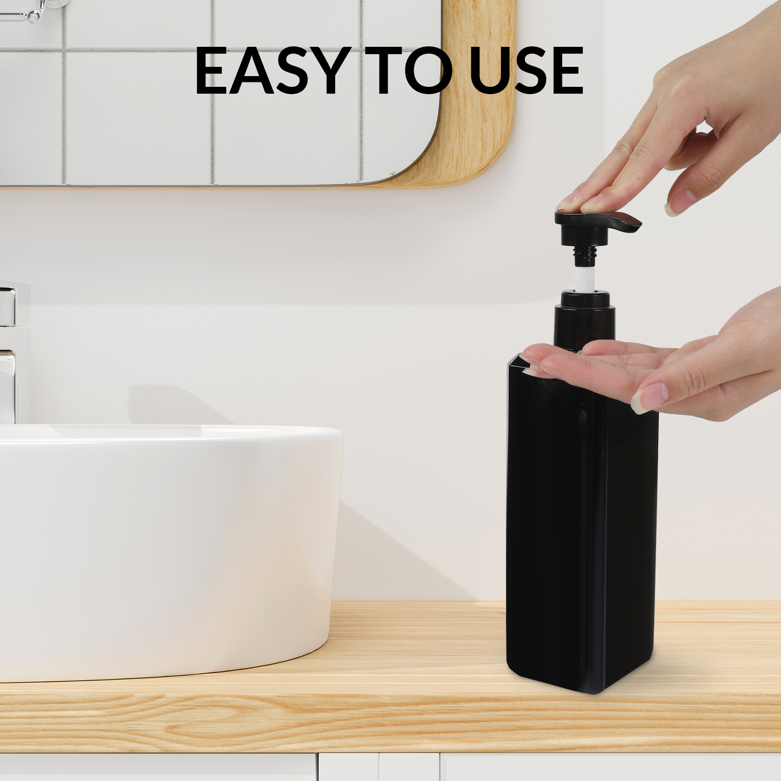 Abaima 3 Pack 16oz Empty Pump Bottle Square, Shampoo And Conditioner Dispenser Bottle, 500ml Refillable Clear Shower Soap Dispenser Bottle With Silicone Funnels And Labels(Black-500ml)