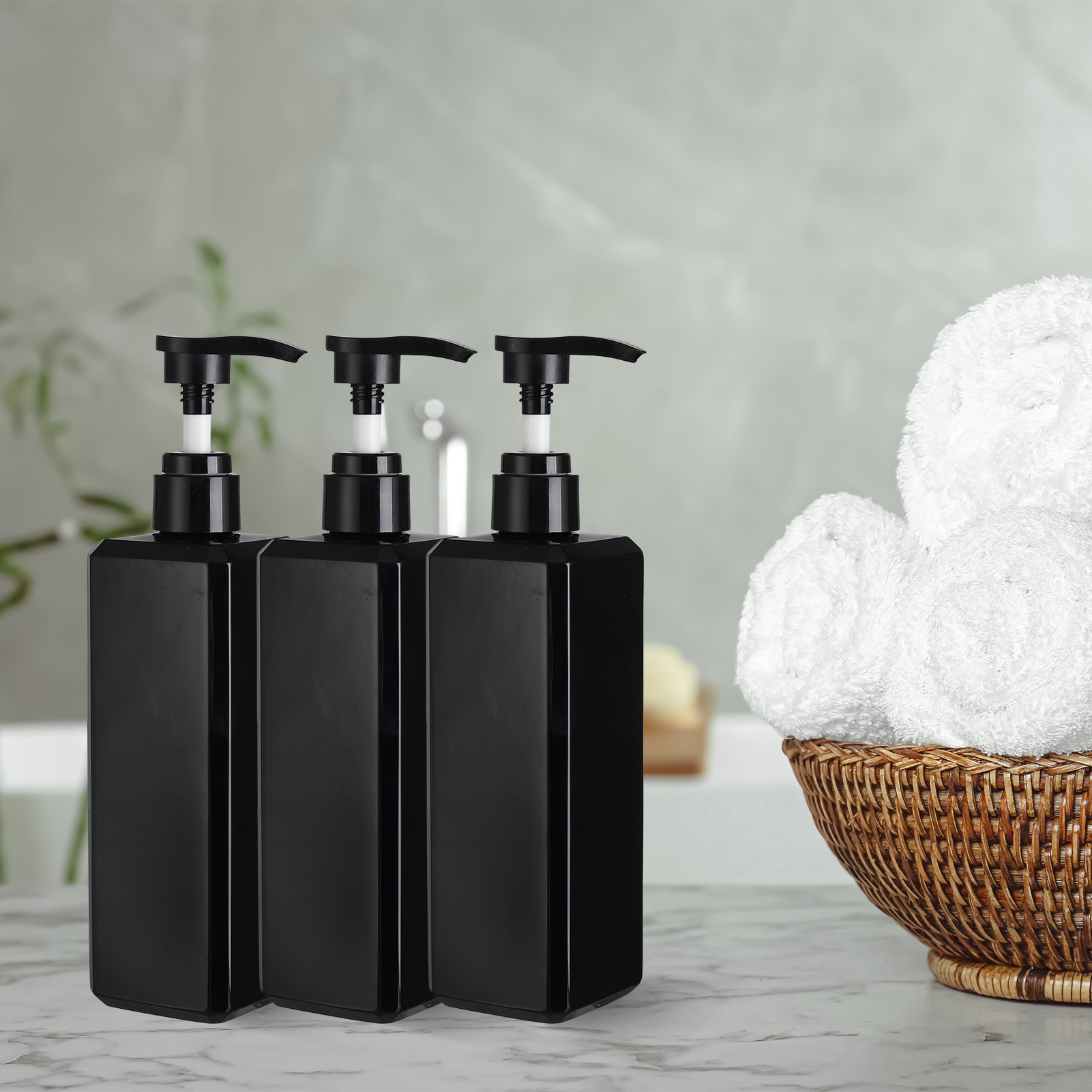 Abaima 3 Pack 16oz Empty Pump Bottle Square, Shampoo And Conditioner Dispenser Bottle, 500ml Refillable Clear Shower Soap Dispenser Bottle With Silicone Funnels And Labels(Black-500ml)