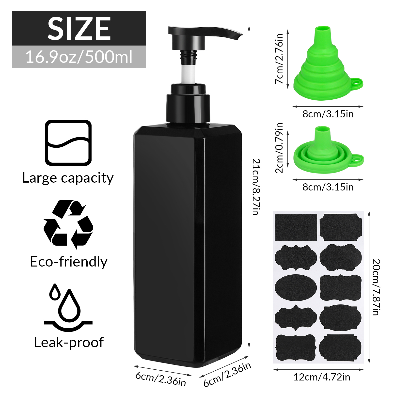Abaima 3 Pack 16oz Empty Pump Bottle Square, Shampoo And Conditioner Dispenser Bottle, 500ml Refillable Clear Shower Soap Dispenser Bottle With Silicone Funnels And Labels(Black-500ml)
