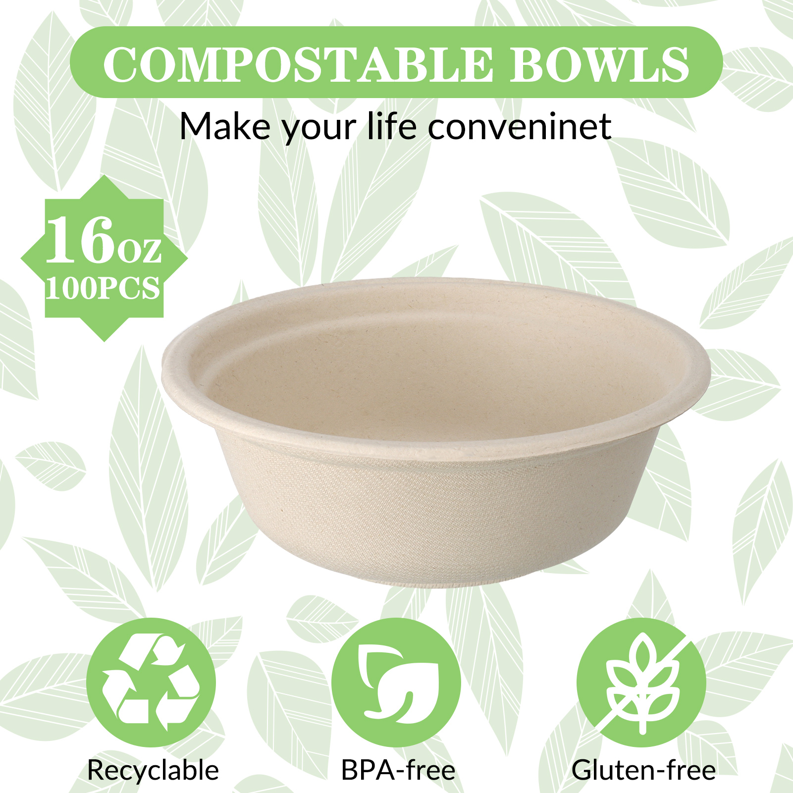 Abaima 100 Pack 16 oz Disposable Paper Bowls 100% Compostable, Natural Biodegradable Bagasse, Eco-Friendly Sugar Cane Fibers Bowls