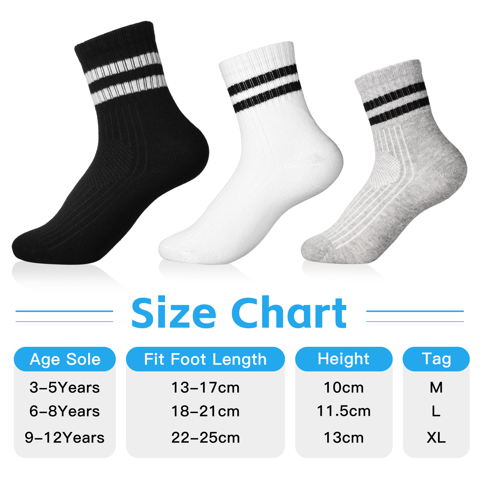 Armscye 6 Pairs Kids Cotton Socks,Boy Crew Socks,Kids Sports Cushioned Crew Socks,Casual Stripes Socks,Mid Cut Ankle Socks for Boys Girls 3-12 Year Old(L)