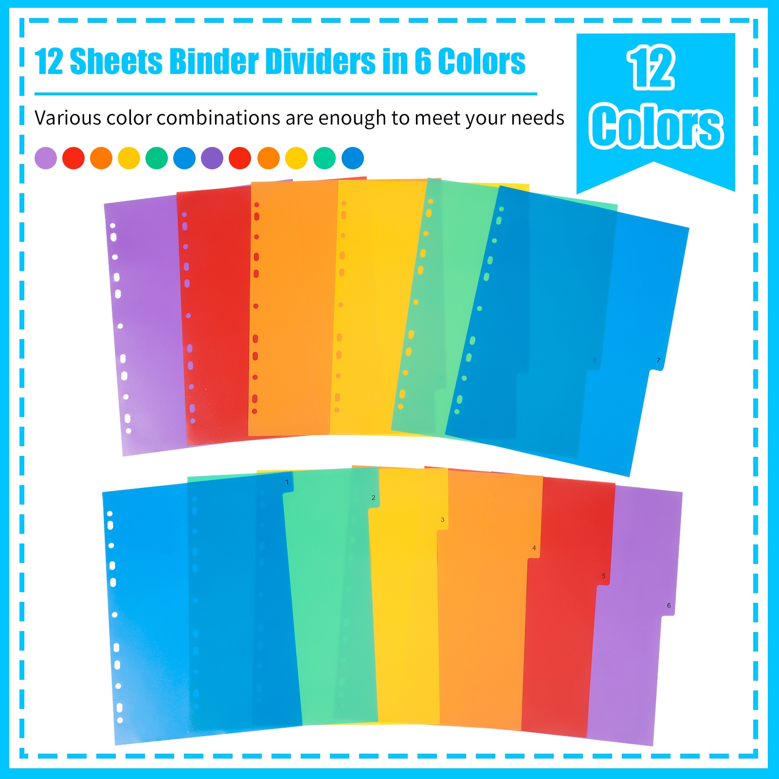 sixwipe 5 Sets 12 Tabs Binder Dividers for 3 Ring Binders, 12 Tabs File Notebook Dividers with 11 Pre-punched Holes, Plastic 12 Tabs Dividers for School Supplies and Office Workers