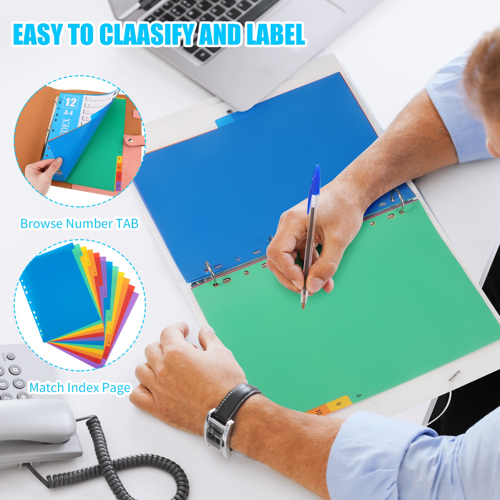 sixwipe 5 Sets 12 Tabs Binder Dividers for 3 Ring Binders, 12 Tabs File Notebook Dividers with 11 Pre-punched Holes, Plastic 12 Tabs Dividers for School Supplies and Office Workers