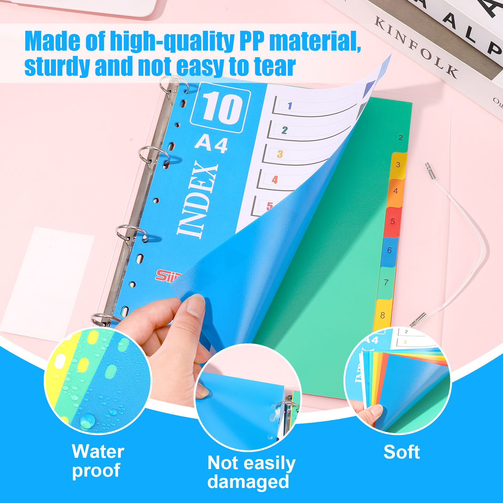 sixwipe 5 Sets 10 Tabs Binder Dividers for 3 Ring Binders, File Notebook Dividers with 11 Pre-punched Holes, Plastic 10 Tab Dividers for School Supplies and Office Workers