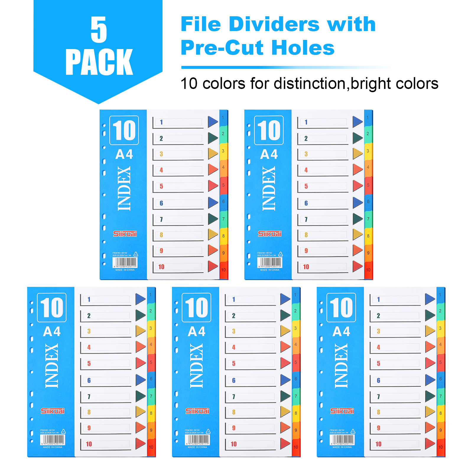 sixwipe 5 Sets 10 Tabs Binder Dividers for 3 Ring Binders, File Notebook Dividers with 11 Pre-punched Holes, Plastic 10 Tab Dividers for School Supplies and Office Workers