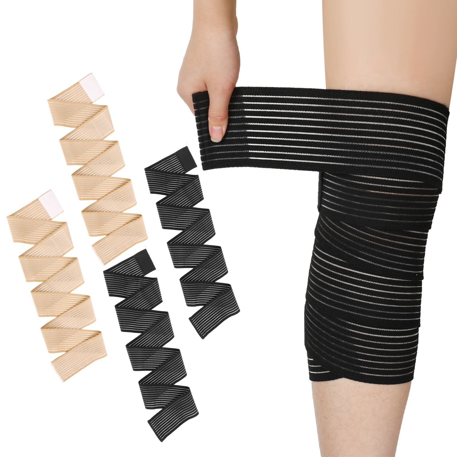 sixwipe 4 Pcs Long Elastic Knee Wraps Leg Brace, Compression Knee Wraps for Pain Relief, Leg Brace for Knee, Bandage Support Wraps for Legs Edema, Sports, Lifting, Stabilizing Ligaments, Joint Pain