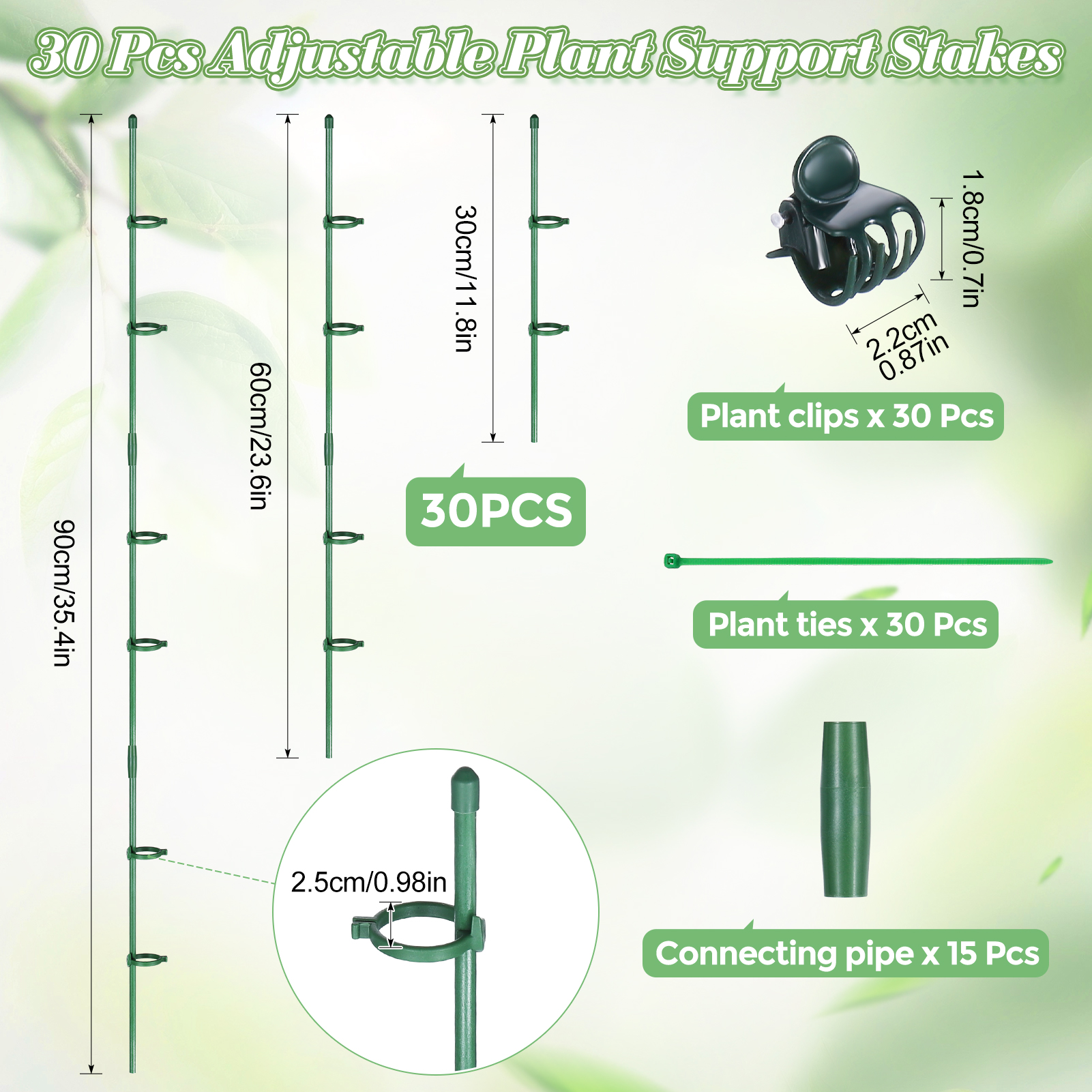 Bocaoying 30 Pcs Plant Support Stakes, Height Adjustable Garden Plant Stake with Clips, Connect Pipe and Plant Ties, Plant Stick for Indoor Outdoor Tomato Orchid Rose Peony Peppers