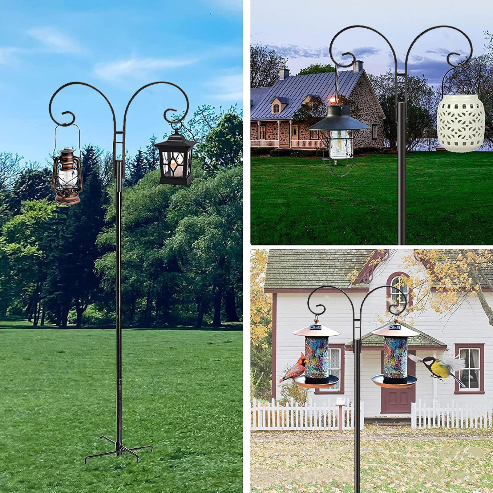 topjuju 2 Pack Adjustable Shepherds Hook for Outdoor with 5 Prong Base, 76 Inch Heavy Duty Two Sided Bird Feeder Pole for Hanging Bird Feeders, Plant Baskets, Solar Light Lanterns, Wind Chimes