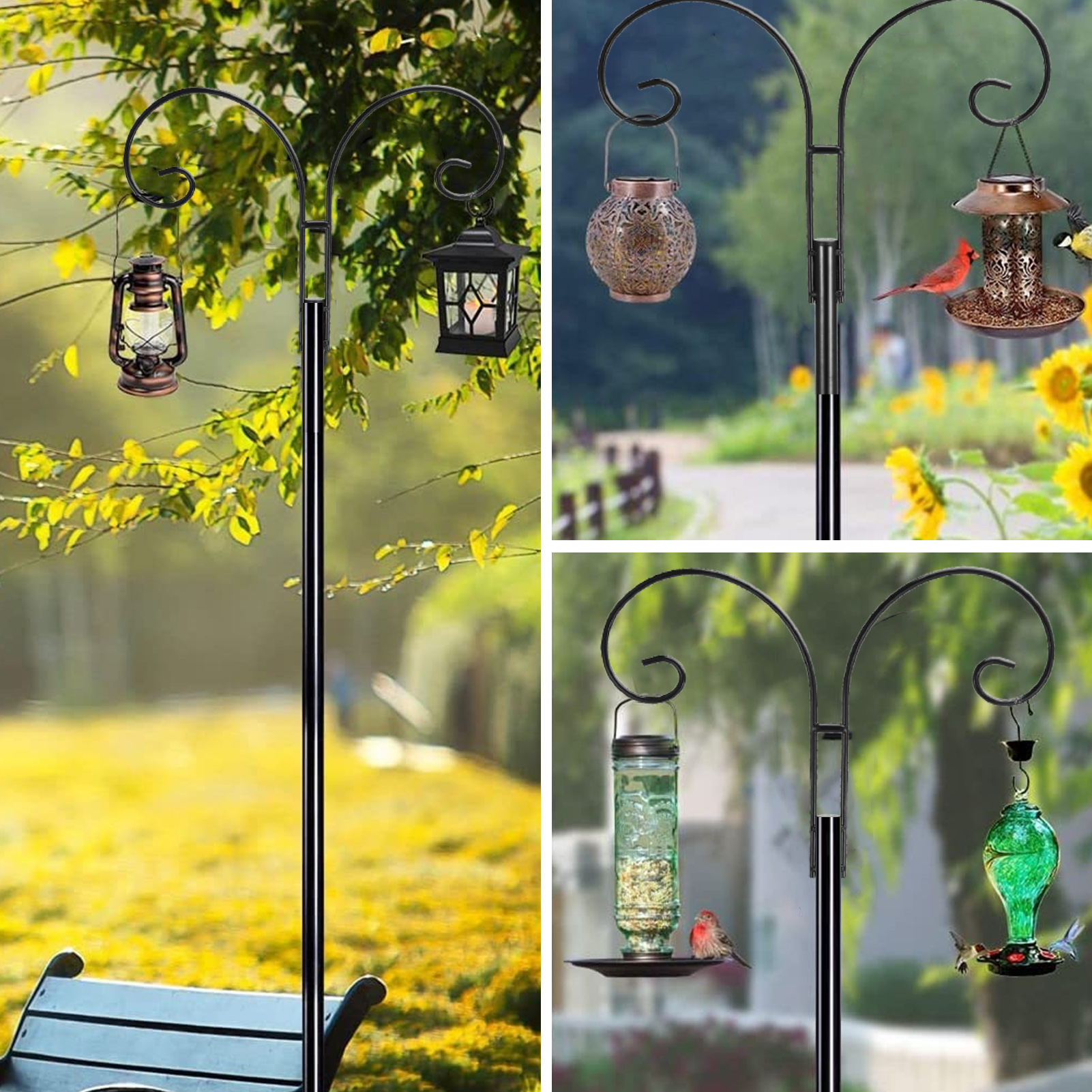 topjuju 2 Pack Adjustable Shepherds Hook for Outdoor with 5 Prong Base, 76 Inch Heavy Duty Two Sided Bird Feeder Pole for Hanging Bird Feeders, Plant Baskets, Solar Light Lanterns, Wind Chimes