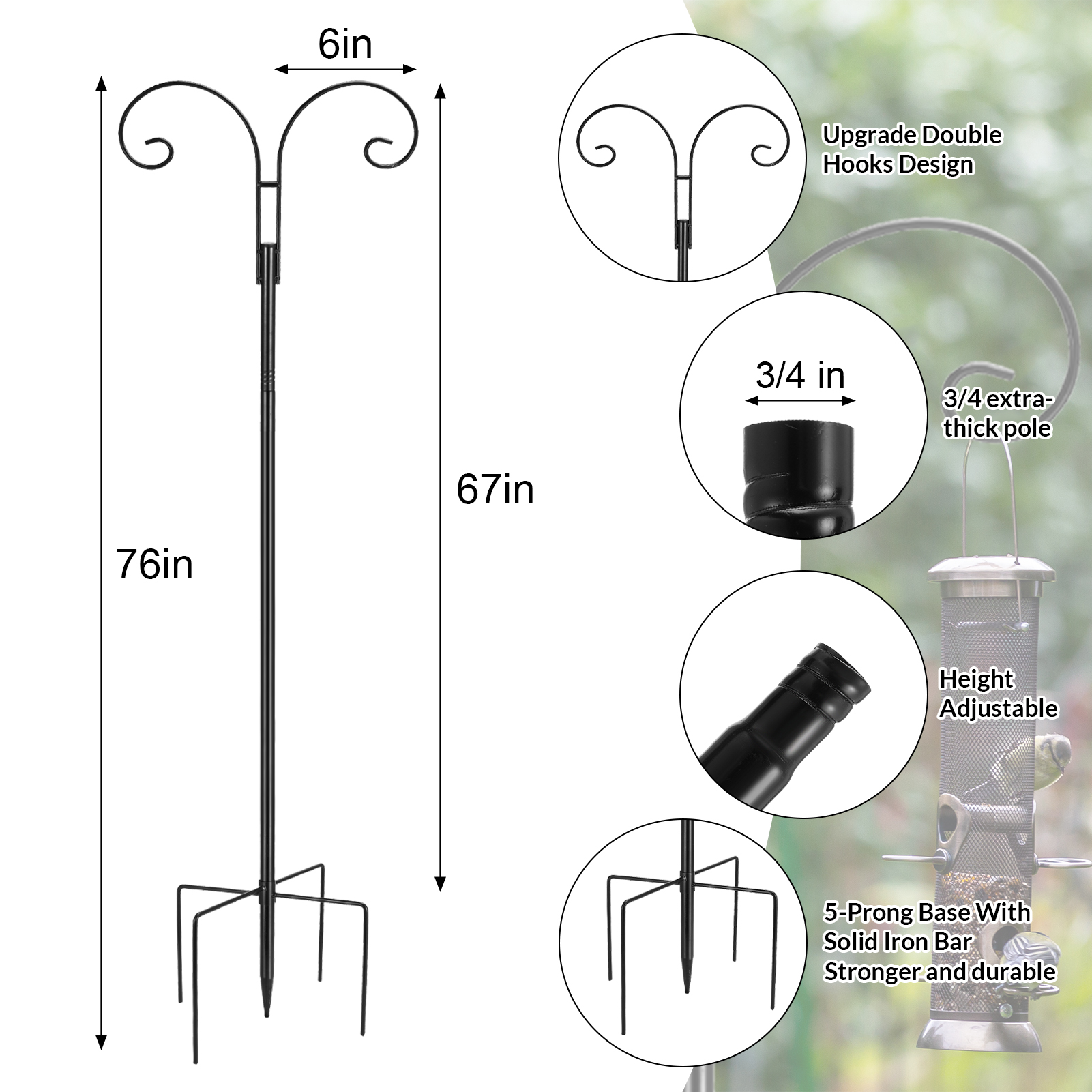 topjuju 2 Pack Adjustable Shepherds Hook for Outdoor with 5 Prong Base, 76 Inch Heavy Duty Two Sided Bird Feeder Pole for Hanging Bird Feeders, Plant Baskets, Solar Light Lanterns, Wind Chimes