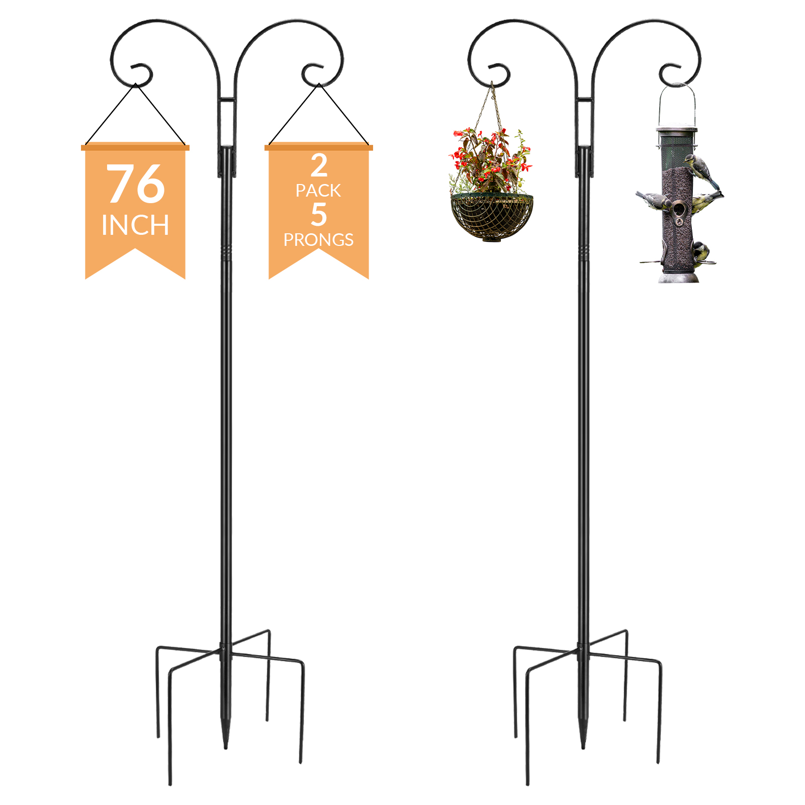 topjuju 2 Pack Adjustable Shepherds Hook for Outdoor with 5 Prong Base, 76 Inch Heavy Duty Two Sided Bird Feeder Pole for Hanging Bird Feeders, Plant Baskets, Solar Light Lanterns, Wind Chimes