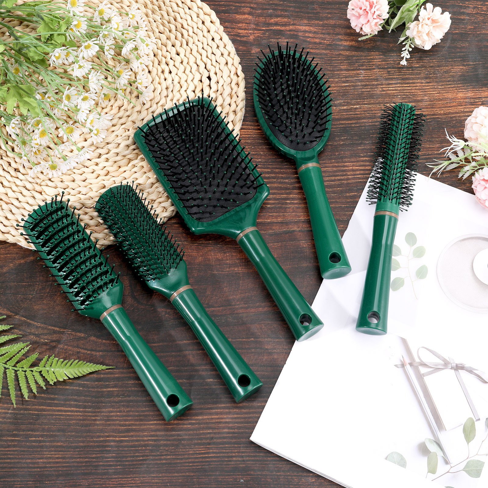 Topekada 5 Pcs Paddle Hair Brush Comb Set,Detangling Hairbrush Anti Static Massage Oval Comb Hair Styling Tools for Women Men Kid All Wet or Dry Hair(Black), round