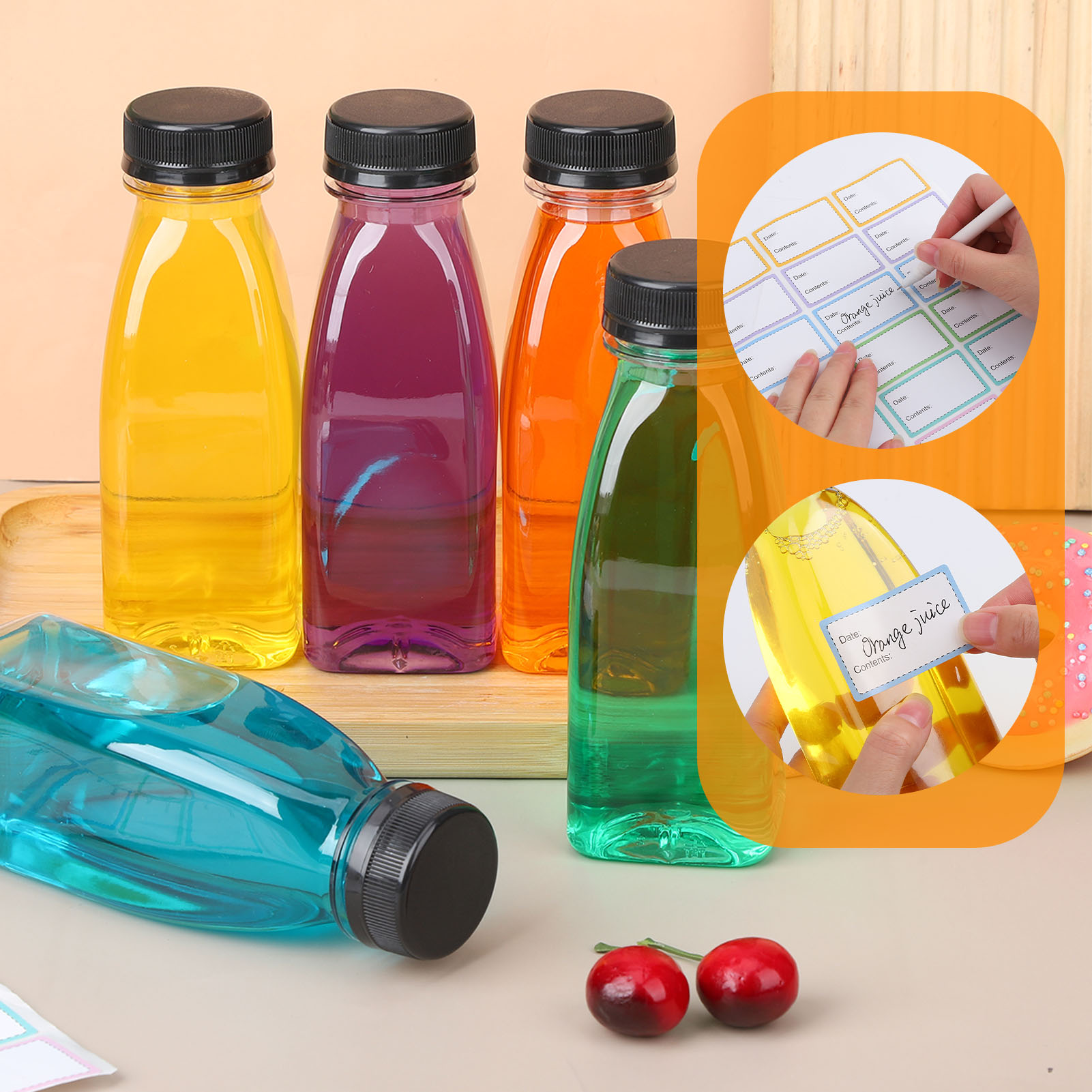 Topekada 8 Pcs 8.79 OZ Empty Plastic Juice Bottles with Lids, Reusable Drink Containers with Brush and Labels, Clear Bulk Juice Containers with Caps for Juicing, Smoothie and Other Beverages