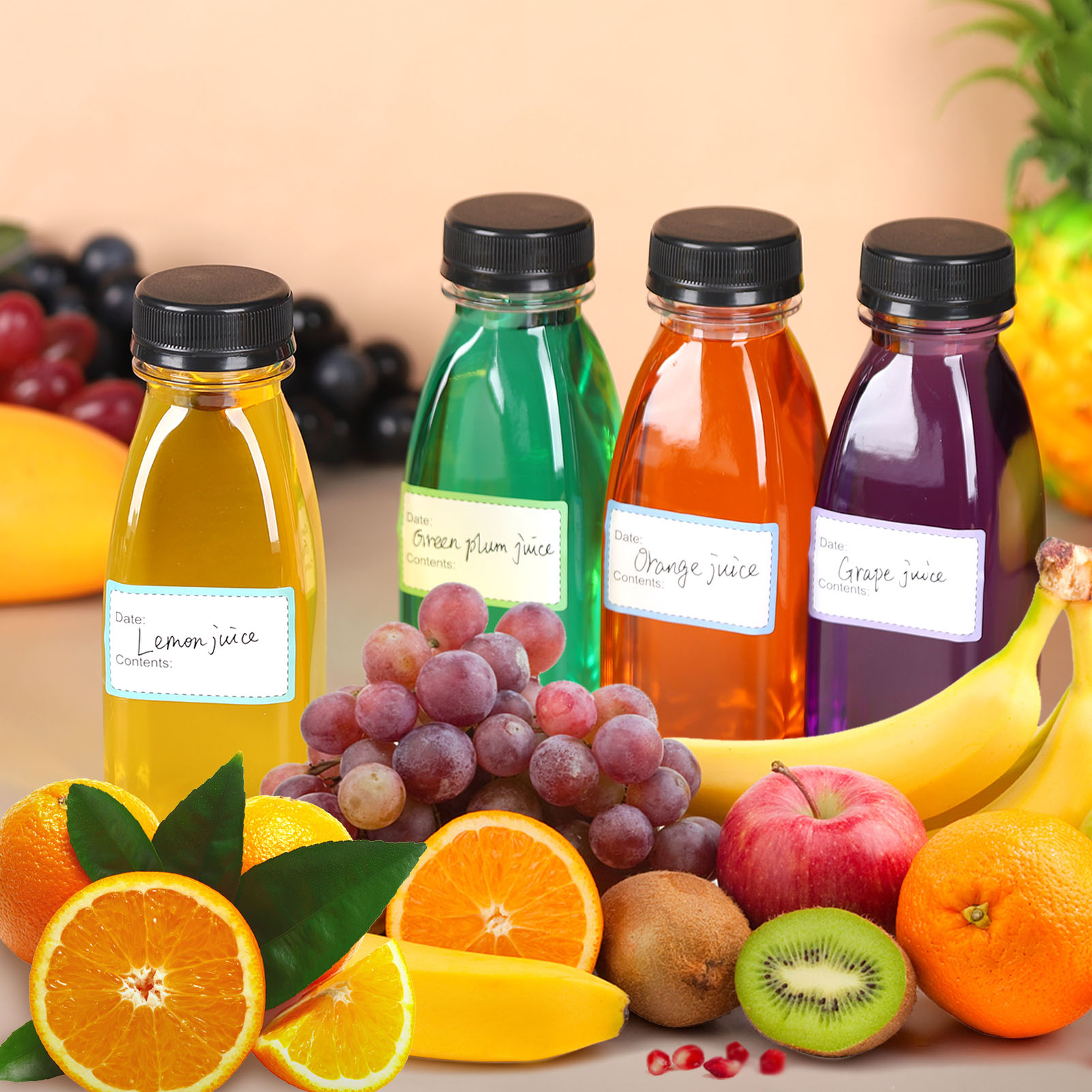 Topekada 8 Pcs 8.79 OZ Empty Plastic Juice Bottles with Lids, Reusable Drink Containers with Brush and Labels, Clear Bulk Juice Containers with Caps for Juicing, Smoothie and Other Beverages