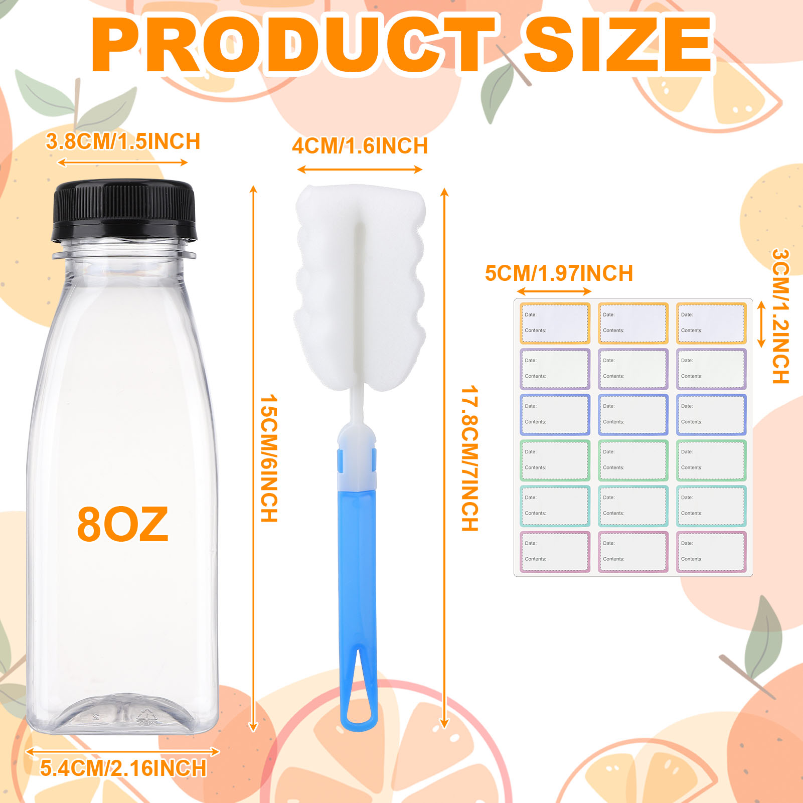 Topekada 8 Pcs 8.79 OZ Empty Plastic Juice Bottles with Lids, Reusable Drink Containers with Brush and Labels, Clear Bulk Juice Containers with Caps for Juicing, Smoothie and Other Beverages