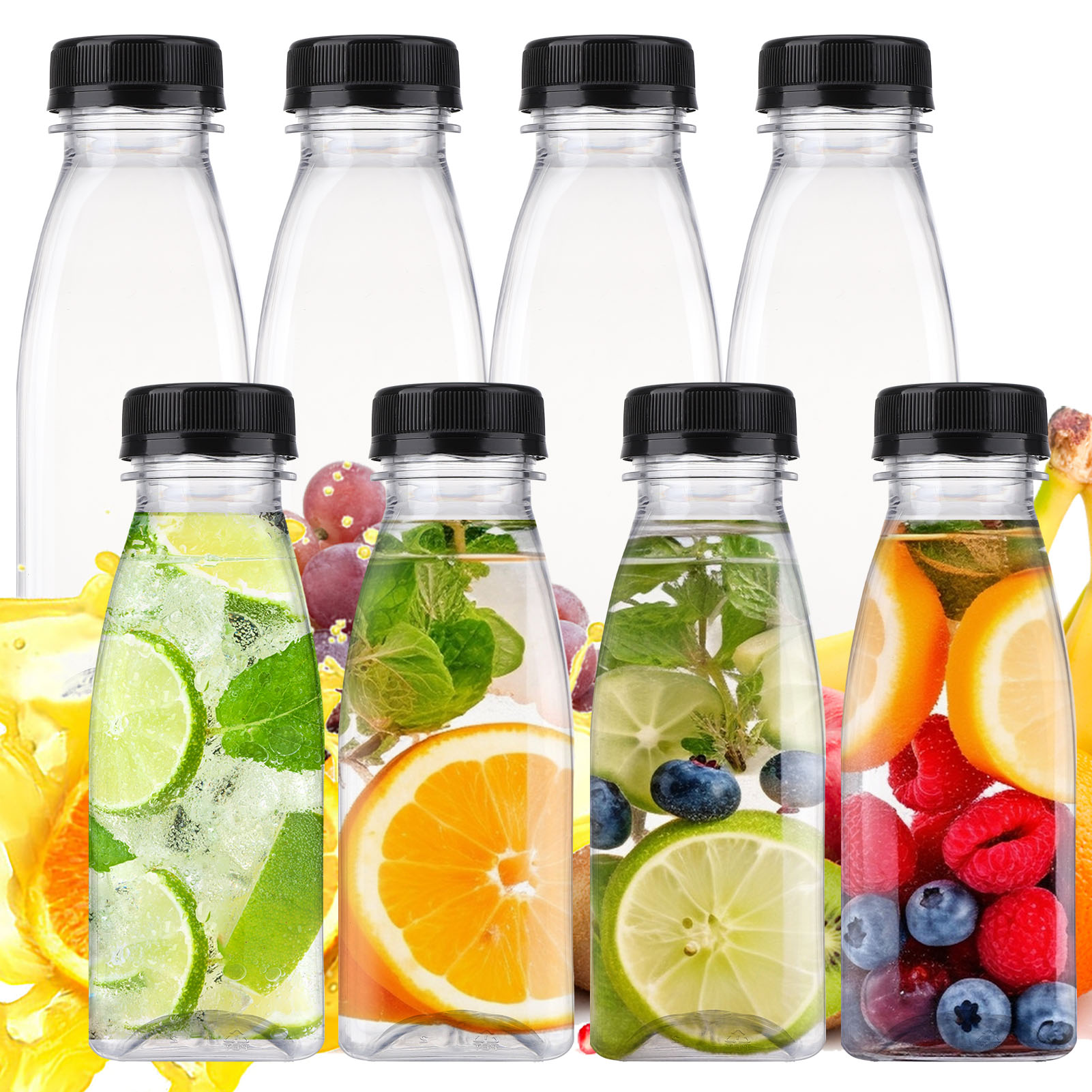 Topekada 8 Pcs 8.79 OZ Empty Plastic Juice Bottles with Lids, Reusable Drink Containers with Brush and Labels, Clear Bulk Juice Containers with Caps for Juicing, Smoothie and Other Beverages