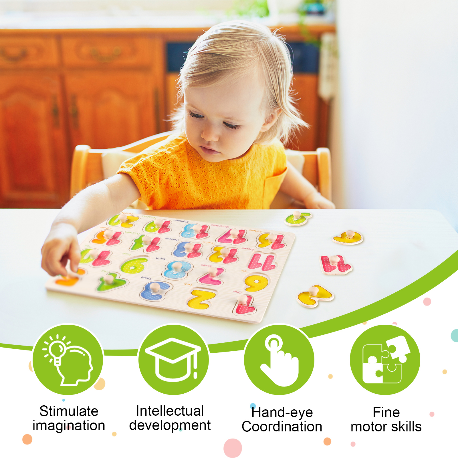 Armscye 6 Pack Wooden Peg Puzzles for Toddlers, 11.81 x 8.86 inch Preschool Educational Learning Wooden Puzzles Ages 1 4 - Animals, Dinosaurs, Ocean, Vehicles, Insects, Numbers