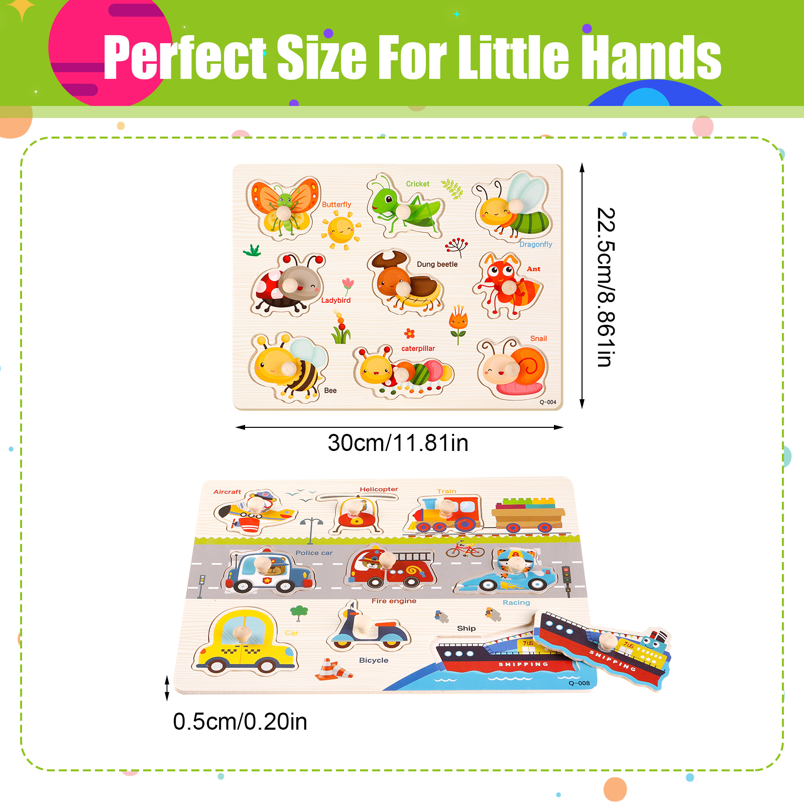 Armscye 6 Pack Wooden Peg Puzzles for Toddlers, 11.81 x 8.86 inch Preschool Educational Learning Wooden Puzzles Ages 1 4 - Animals, Dinosaurs, Ocean, Vehicles, Insects, Numbers