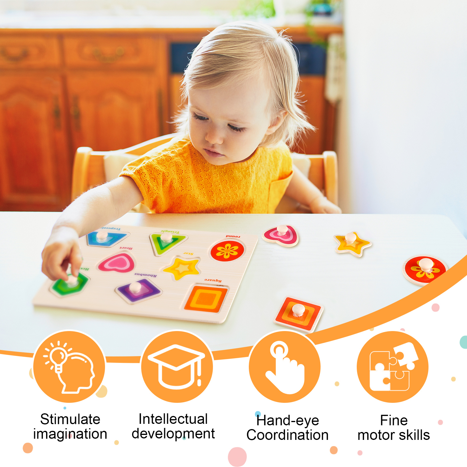 Armscye 6 Pack Wooden Peg Puzzles for Toddlers, 9 x 6 inch Preschool Educational Learning Puzzle Toys for Kids Age 2, 3, 4 - Vegetables, Fruits, Shapes, Insects, Occupations, Space(Vegetables, etc.)