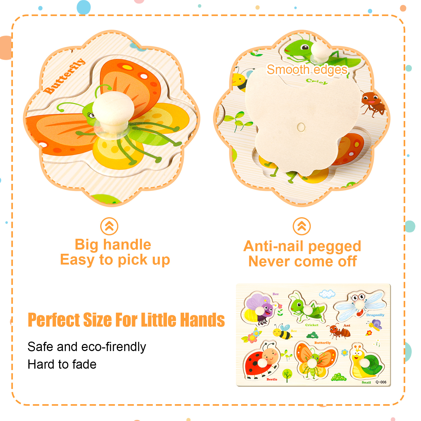 Armscye 6 Pack Wooden Peg Puzzles for Toddlers, 9 x 6 inch Preschool Educational Learning Puzzle Toys for Kids Age 2, 3, 4 - Vegetables, Fruits, Shapes, Insects, Occupations, Space(Vegetables, etc.)