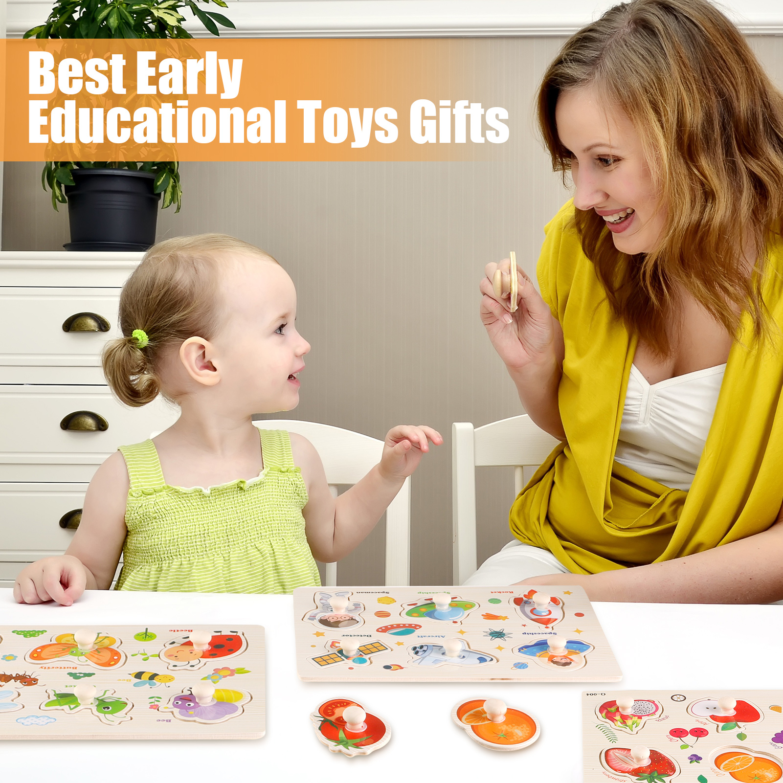 Armscye 6 Pack Wooden Peg Puzzles for Toddlers, 9 x 6 inch Preschool Educational Learning Puzzle Toys for Kids Age 2, 3, 4 - Vegetables, Fruits, Shapes, Insects, Occupations, Space(Vegetables, etc.)