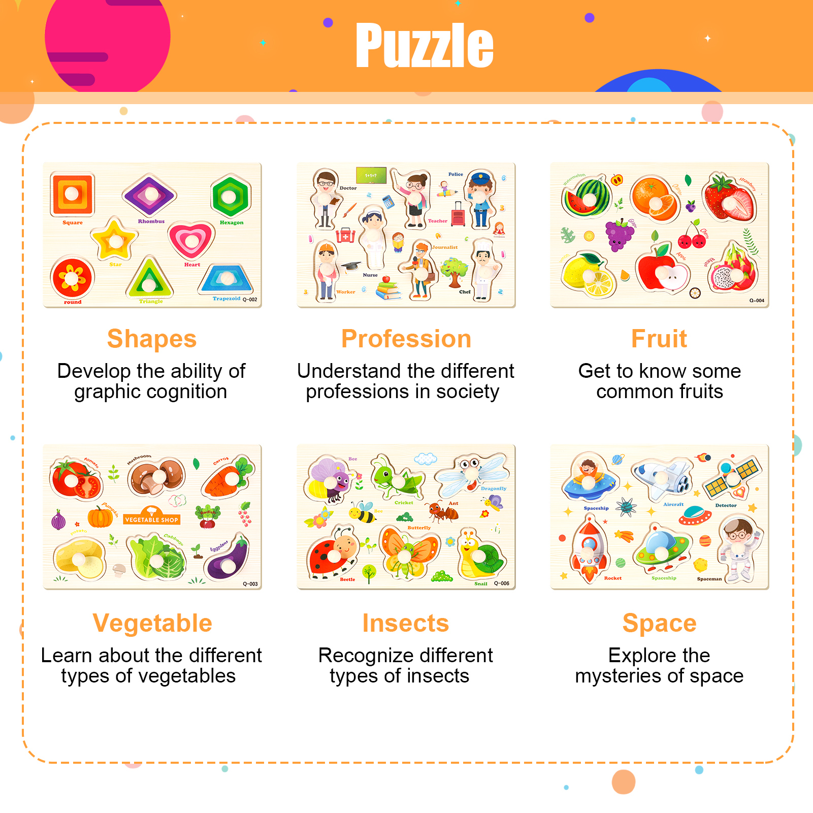 Armscye 6 Pack Wooden Peg Puzzles for Toddlers, 9 x 6 inch Preschool Educational Learning Puzzle Toys for Kids Age 2, 3, 4 - Vegetables, Fruits, Shapes, Insects, Occupations, Space(Vegetables, etc.)