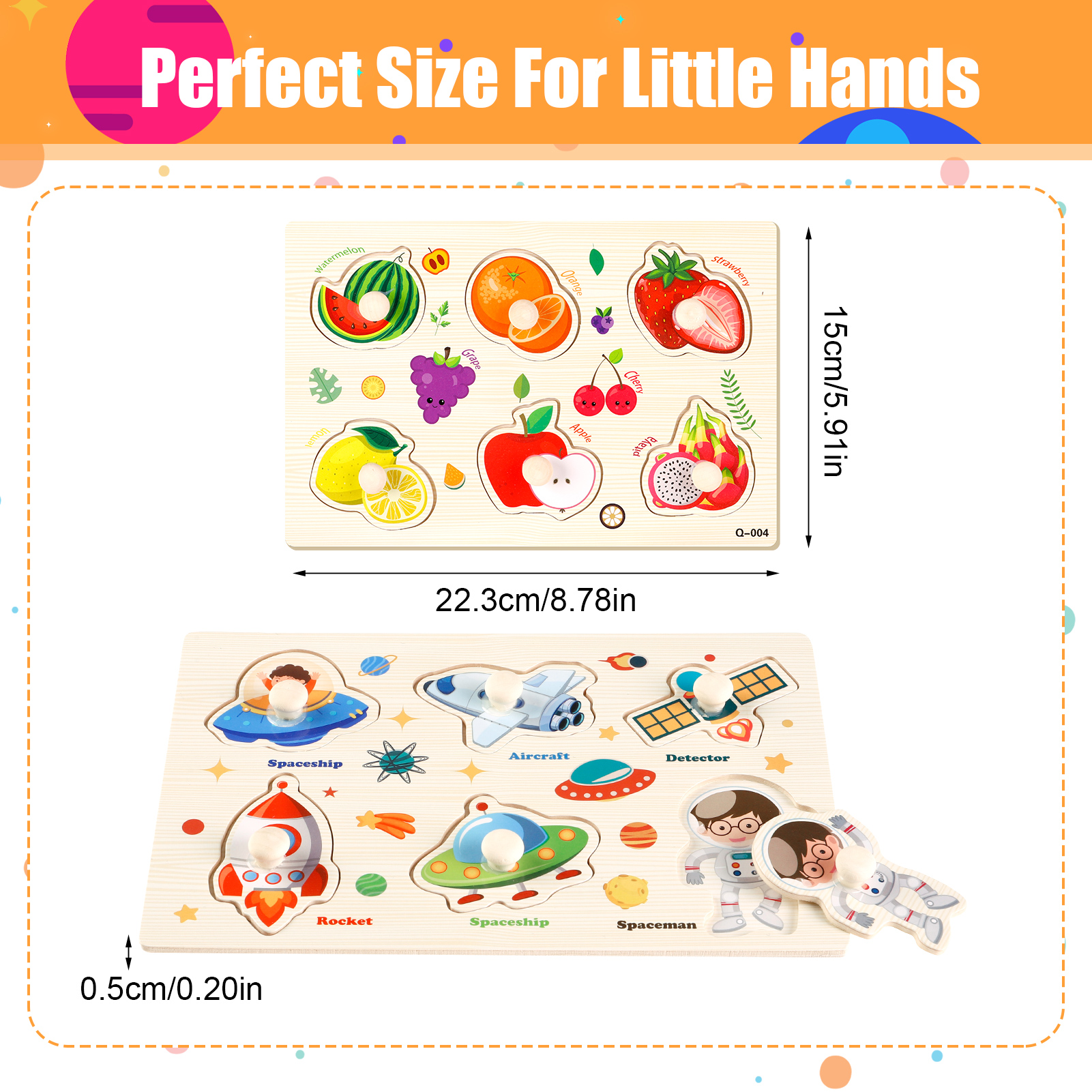 Armscye 6 Pack Wooden Peg Puzzles for Toddlers, 9 x 6 inch Preschool Educational Learning Puzzle Toys for Kids Age 2, 3, 4 - Vegetables, Fruits, Shapes, Insects, Occupations, Space(Vegetables, etc.)