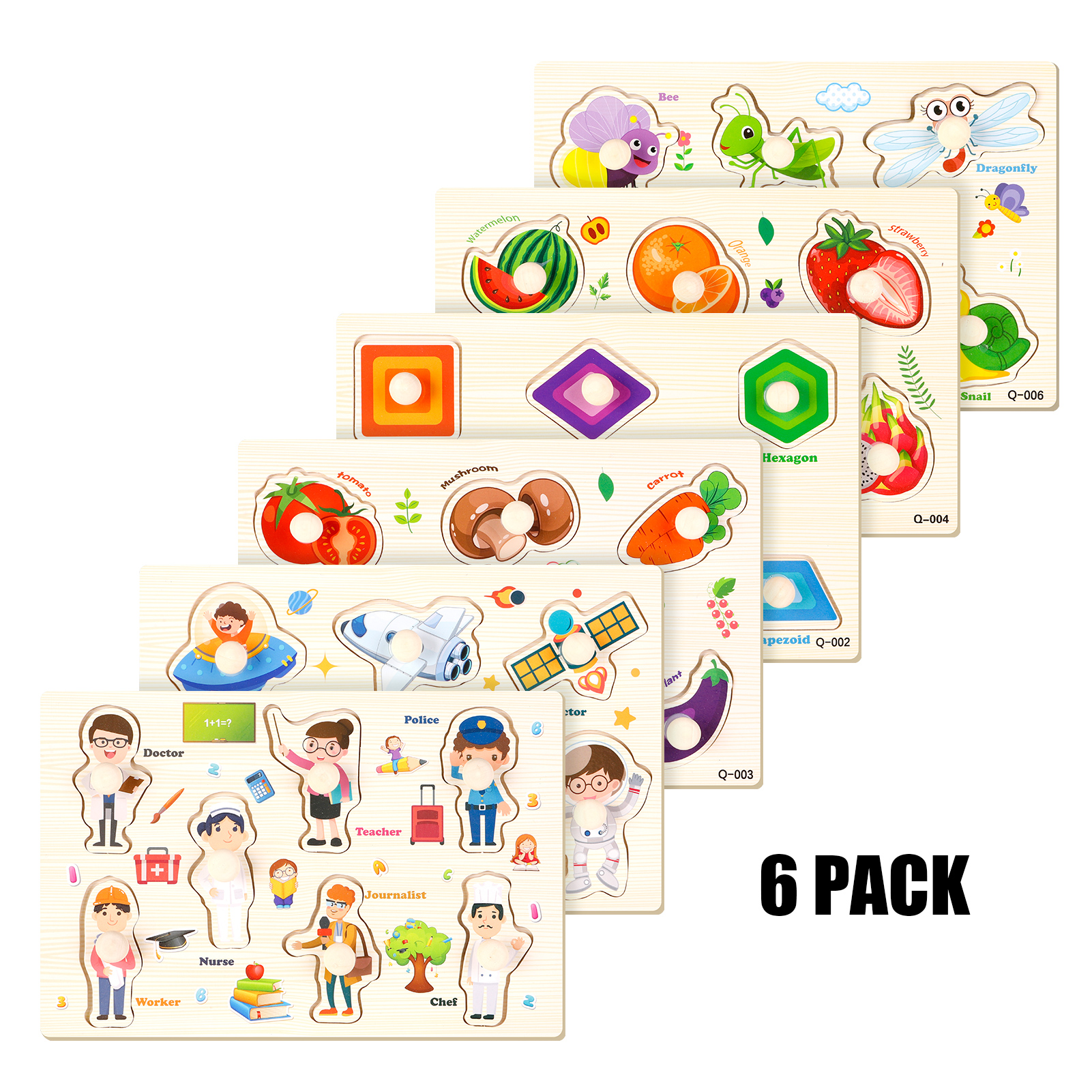 Armscye 6 Pack Wooden Peg Puzzles for Toddlers, 9 x 6 inch Preschool Educational Learning Puzzle Toys for Kids Age 2, 3, 4 - Vegetables, Fruits, Shapes, Insects, Occupations, Space(Vegetables, etc.)