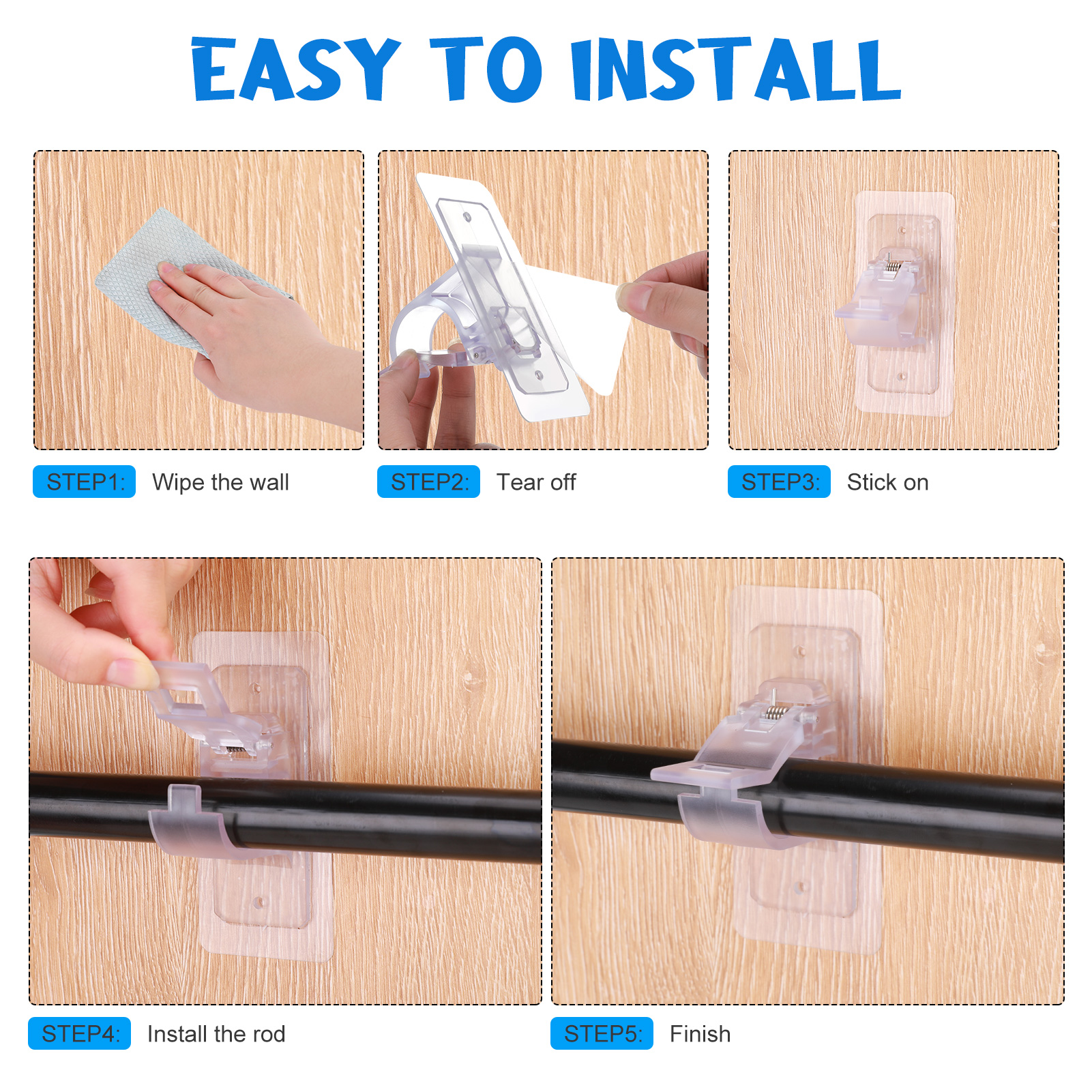 Armscye 8-Pack No Drill Curtain Rod Brackets, Self Adhesive Curtain Rod Holder Hooks Clear Nail Free Adjustable Curtain Rod Hooks, Transparent Curtain Rod Hangers for Apartment, Bedroom, Livingroom