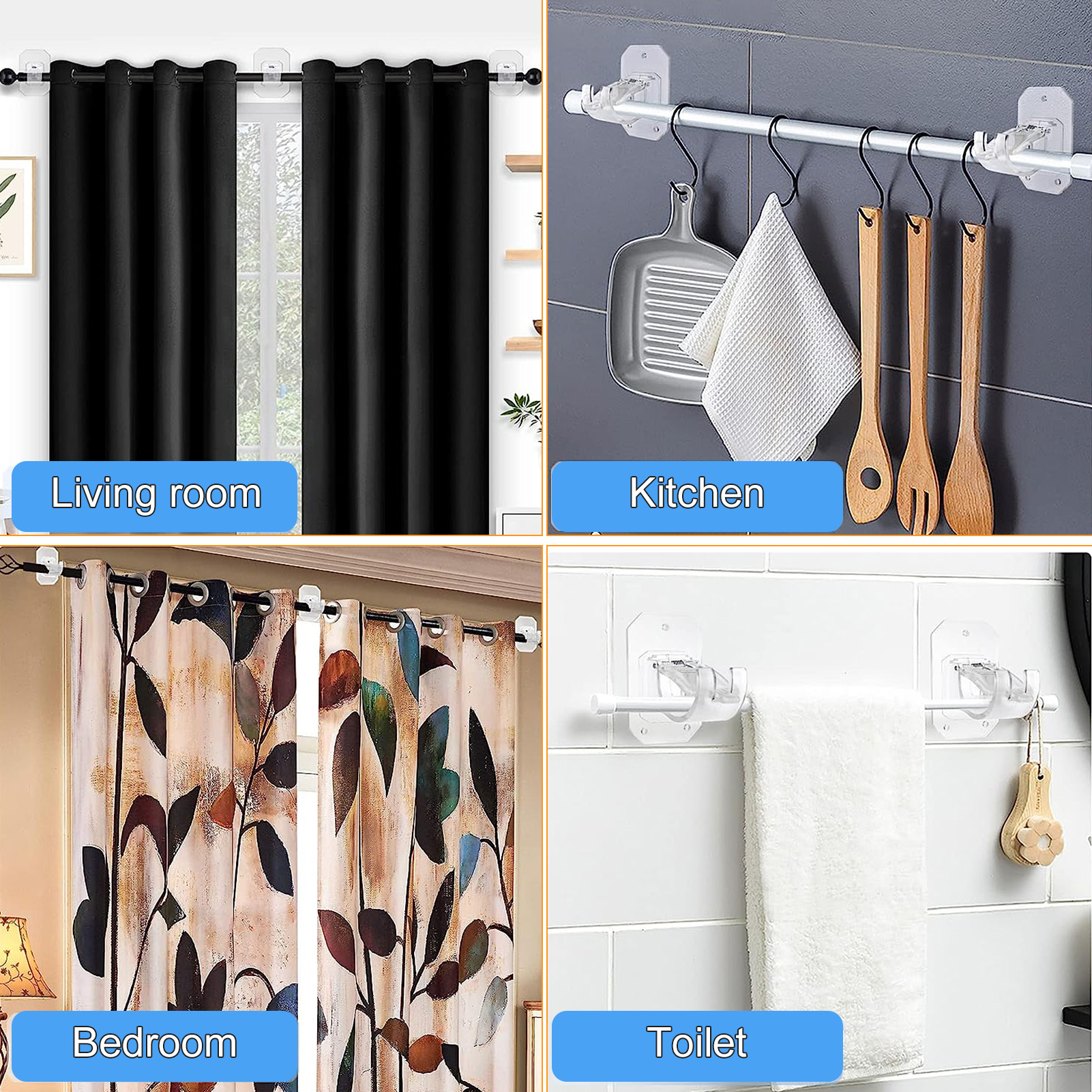 Armscye 8-Pack No Drill Curtain Rod Brackets, Self Adhesive Curtain Rod Holder Hooks Clear Nail Free Adjustable Curtain Rod Hooks, Transparent Curtain Rod Hangers for Apartment, Bedroom, Livingroom