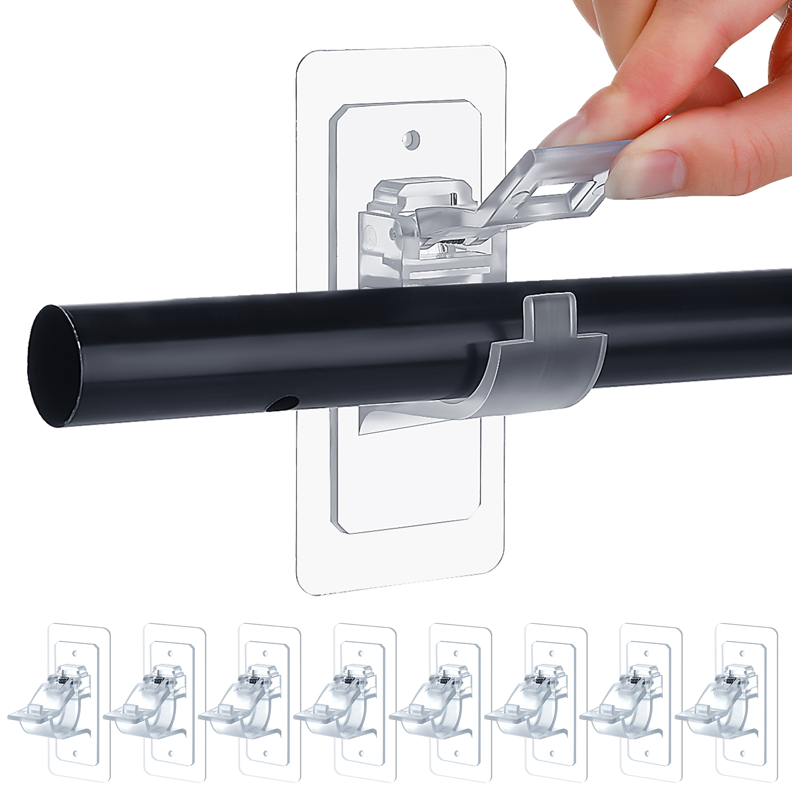 Armscye 8-Pack No Drill Curtain Rod Brackets, Self Adhesive Curtain Rod Holder Hooks Clear Nail Free Adjustable Curtain Rod Hooks, Transparent Curtain Rod Hangers for Apartment, Bedroom, Livingroom