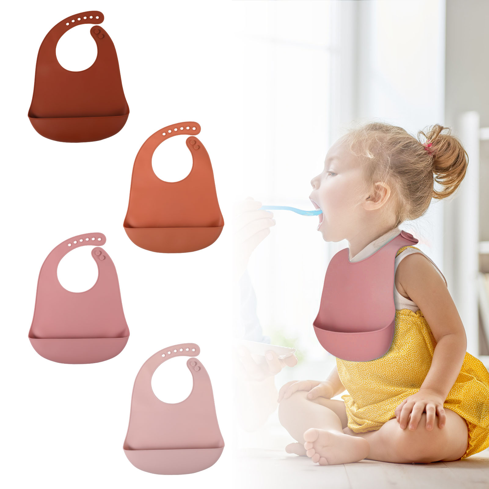 Hengguang Baby Boy and Girl Silicone Waterproof Bib with Food Catcher Pocket, 4 Piece