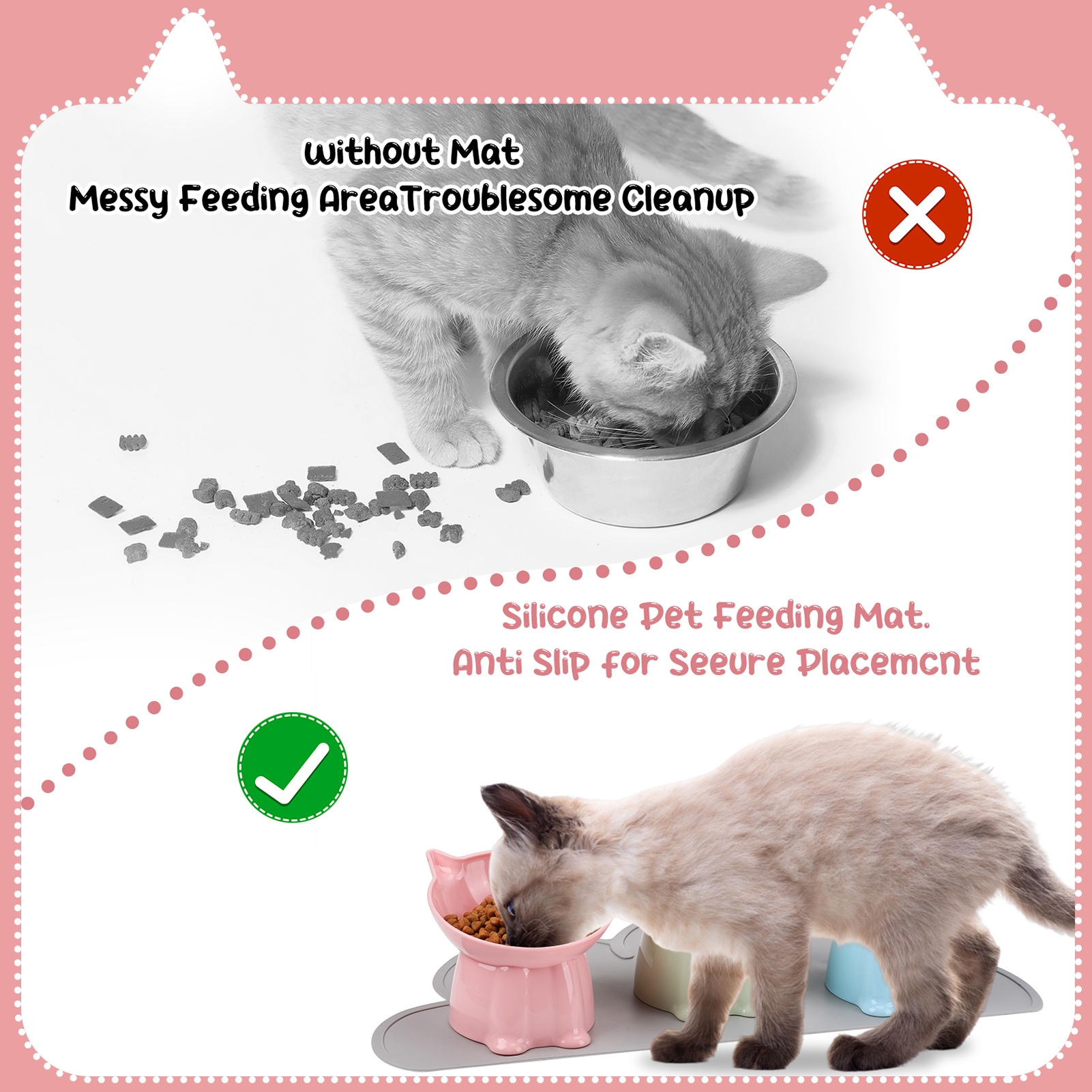 LUIISIS 3 Pcs Raised Cat Food Bowl Set with Mat,15 Degrees Elevated Cat Bowls,Anti Vomiting Tilted,Raised Cat Dish Plastic Slanted Stand Bowls for Pet Feeder,Pink,Green,Blue