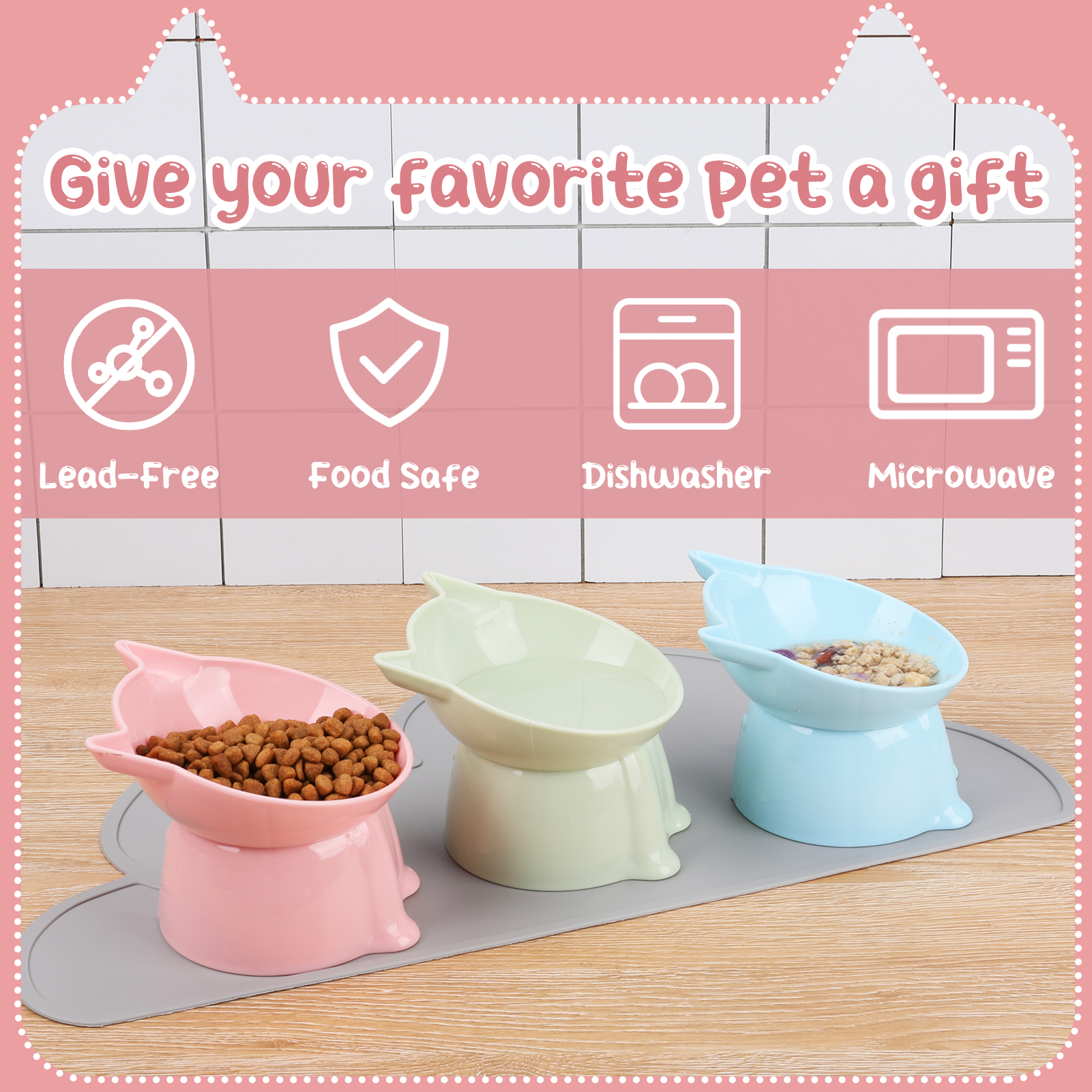 LUIISIS 3 Pcs Raised Cat Food Bowl Set with Mat,15 Degrees Elevated Cat Bowls,Anti Vomiting Tilted,Raised Cat Dish Plastic Slanted Stand Bowls for Pet Feeder,Pink,Green,Blue